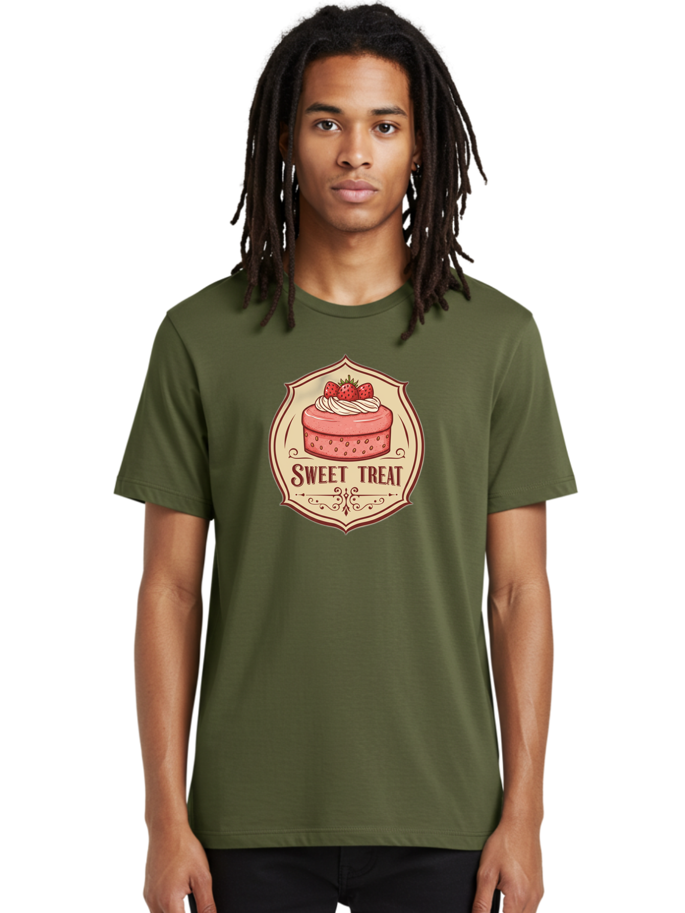 Sweet-Treat Men'S Graphic Tee, 100% Cotton, Comfortable Casual Summer Wear, Machine Washable, Strawberry Cake, Sweet Treat, Dessert Logo, Vintage Label, Whipped Cream, Strawberries, Cake Decoration, Bakery Design, Retro Style, Sweet Delights Bac506