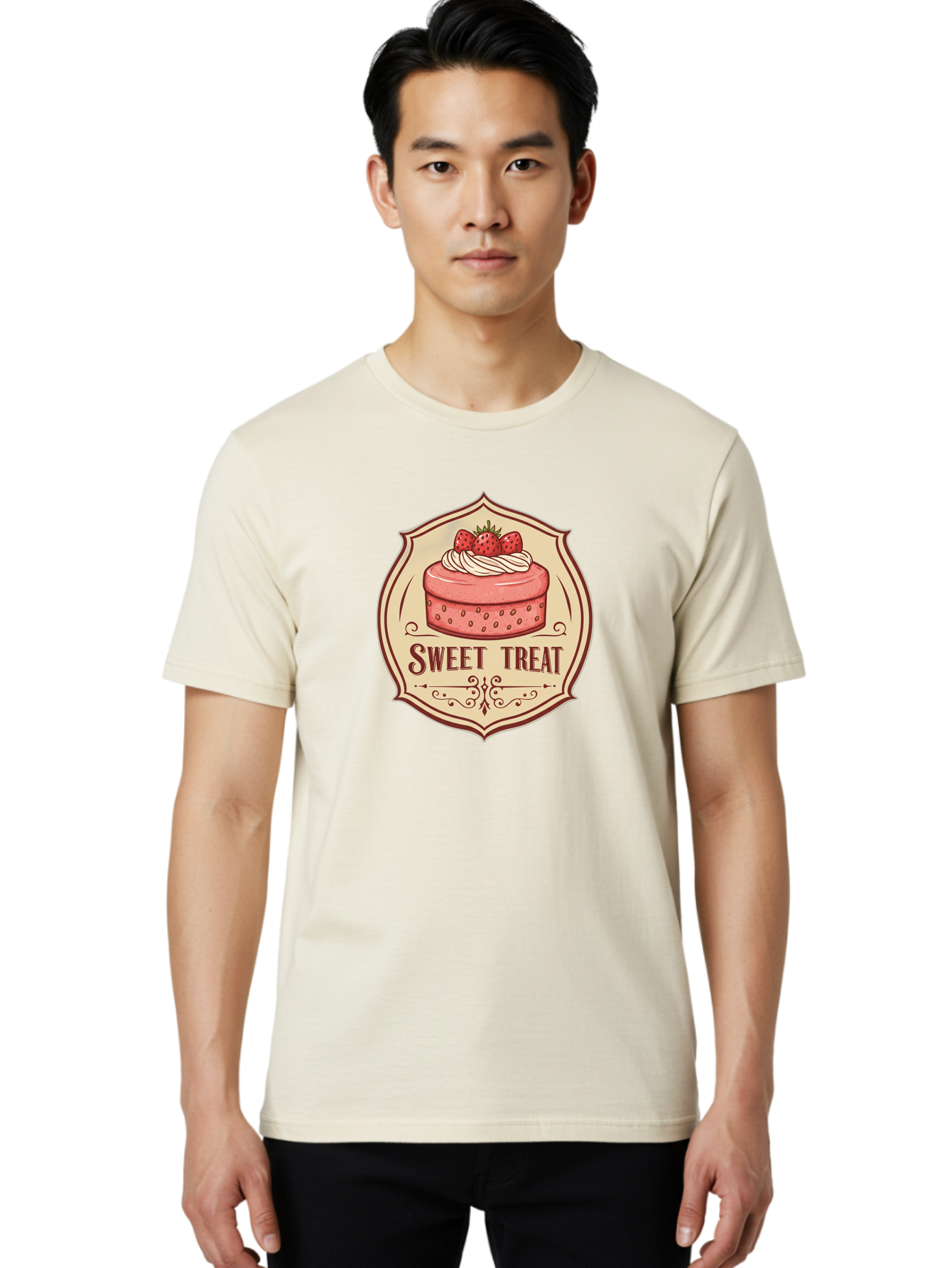 Sweet-Treat Men'S Graphic Tee, 100% Cotton, Comfortable Casual Summer Wear, Machine Washable, Strawberry Cake, Sweet Treat, Dessert Logo, Vintage Label, Whipped Cream, Strawberries, Cake Decoration, Bakery Design, Retro Style, Sweet Delights Bac506
