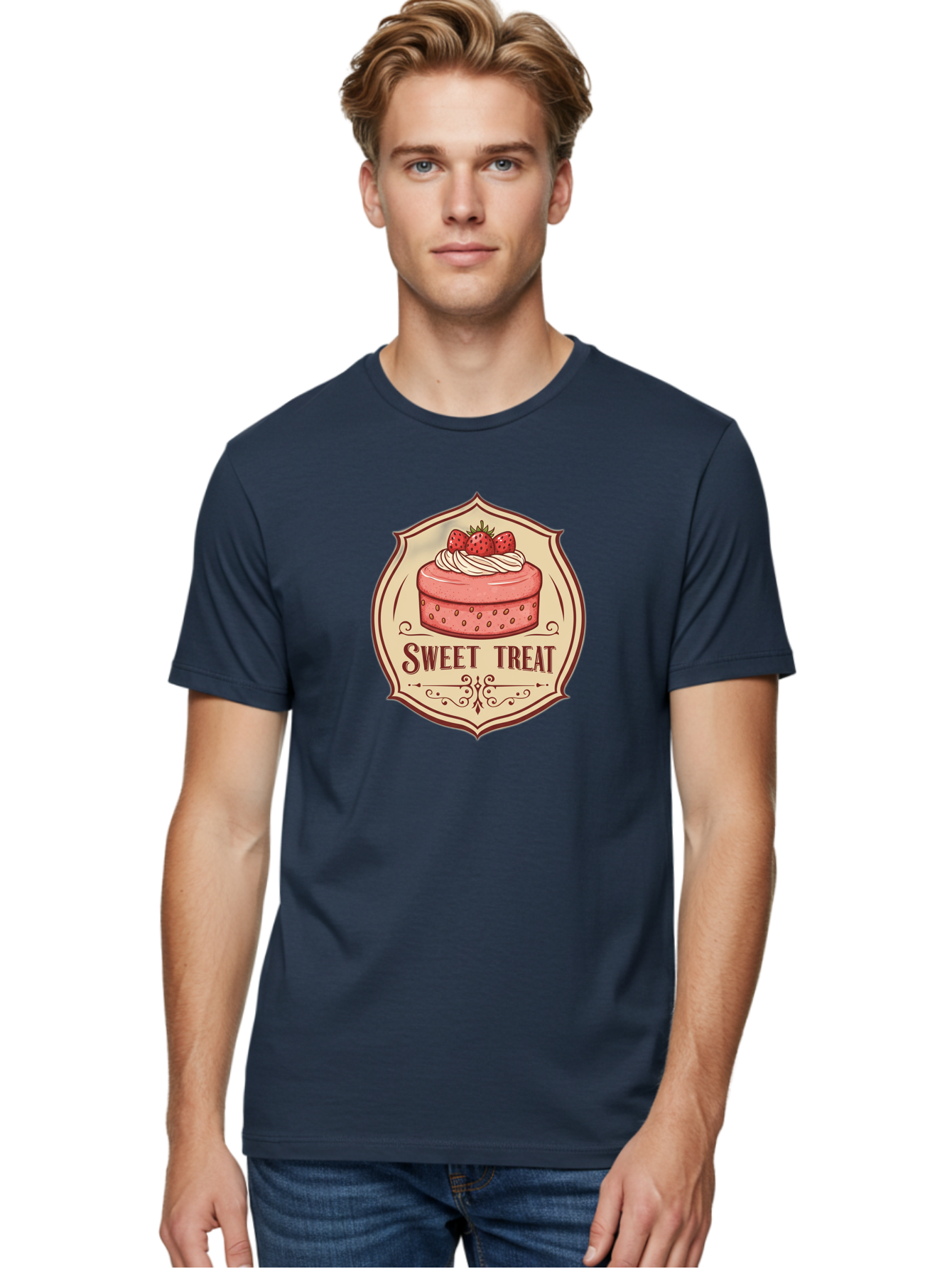 Sweet-Treat Men'S Graphic Tee, 100% Cotton, Comfortable Casual Summer Wear, Machine Washable, Strawberry Cake, Sweet Treat, Dessert Logo, Vintage Label, Whipped Cream, Strawberries, Cake Decoration, Bakery Design, Retro Style, Sweet Delights Bac506