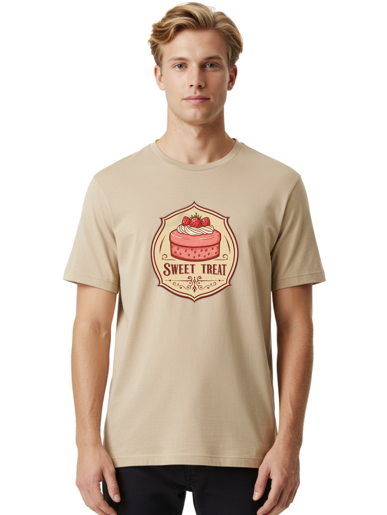 Sweet-Treat Men'S Graphic Tee, 100% Cotton, Comfortable Casual Summer Wear, Machine Washable, Strawberry Cake, Sweet Treat, Dessert Logo, Vintage Label, Whipped Cream, Strawberries, Cake Decoration, Bakery Design, Retro Style, Sweet Delights Bac506