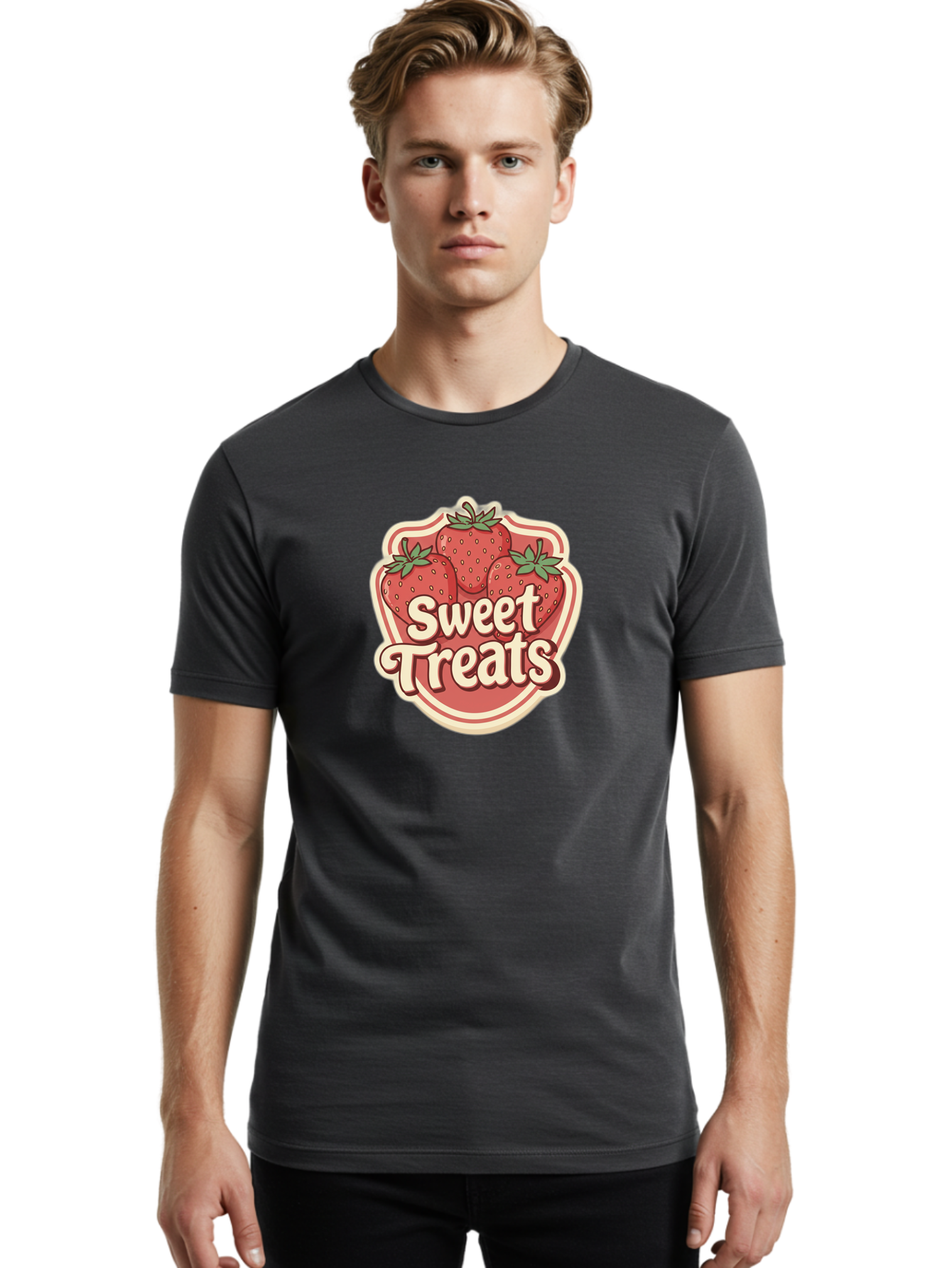Sweet-Treats Men'S Graphic Tee, 100% Cotton, Comfortable Casual Summer Wear, Machine Washable, Strawberry Dessert, Sweet Treats, Fruit Illustration, Cartoon Style, Dessert Logo, Strawberries, Yummy Treats, Tasty Desserts, Fruit Logo Bac507