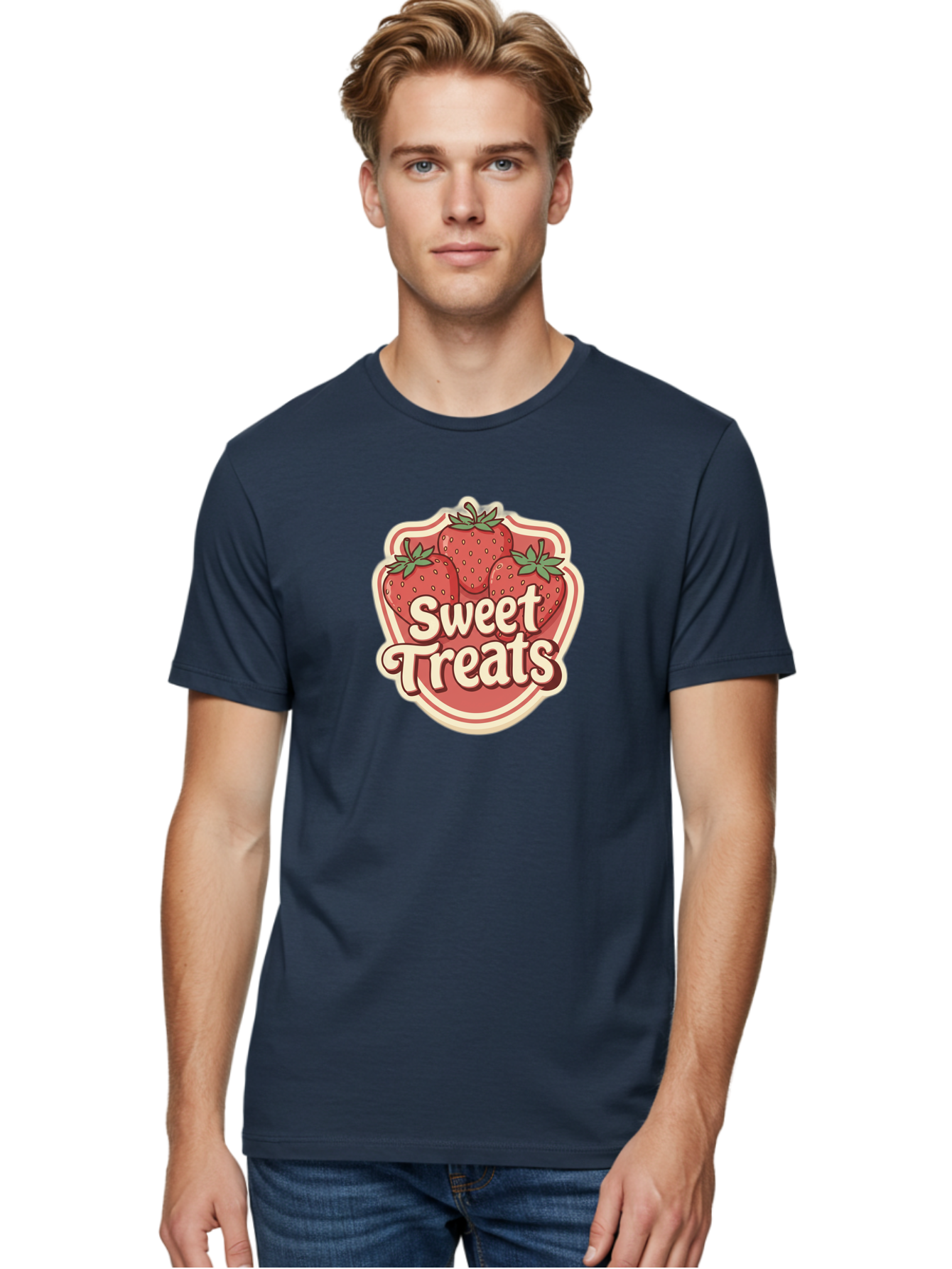 Sweet-Treats Men'S Graphic Tee, 100% Cotton, Comfortable Casual Summer Wear, Machine Washable, Strawberry Dessert, Sweet Treats, Fruit Illustration, Cartoon Style, Dessert Logo, Strawberries, Yummy Treats, Tasty Desserts, Fruit Logo Bac507