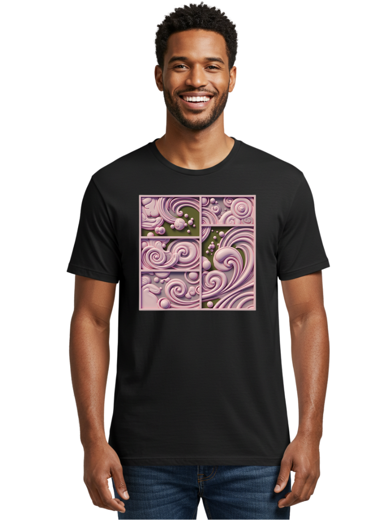 Swirling-Patterns Men'S Graphic Tee, 100% Cotton, Comfortable Casual Summer Wear, Machine Washable, Pink Swirls, Fluid Design, Abstract Pattern, Ornate Details, Whimsical Shapes, 3D Effect, Artistic Expression, Creative Wallpaper, Bac508