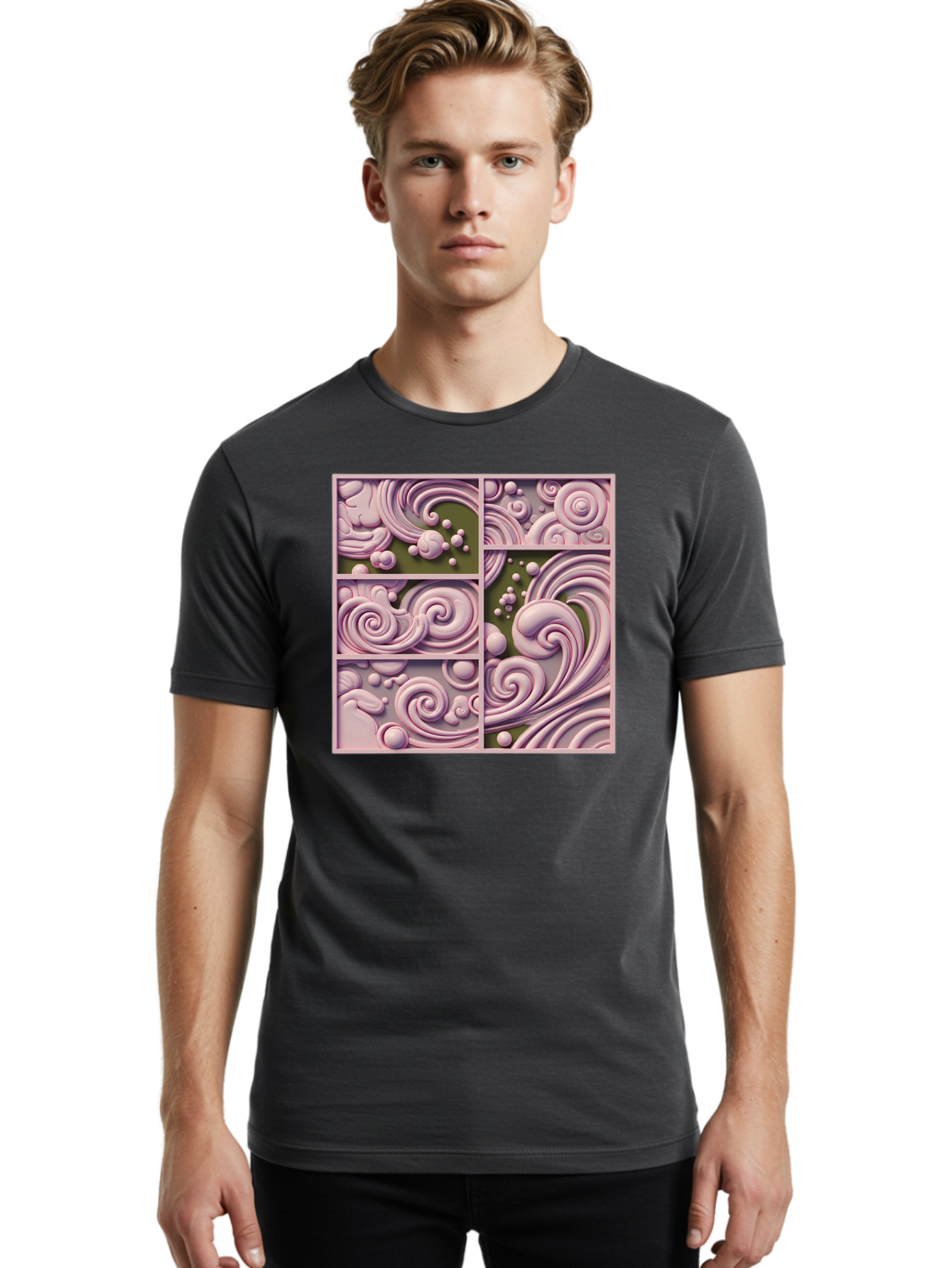 Swirling-Patterns Men'S Graphic Tee, 100% Cotton, Comfortable Casual Summer Wear, Machine Washable, Pink Swirls, Fluid Design, Abstract Pattern, Ornate Details, Whimsical Shapes, 3D Effect, Artistic Expression, Creative Wallpaper, Bac508