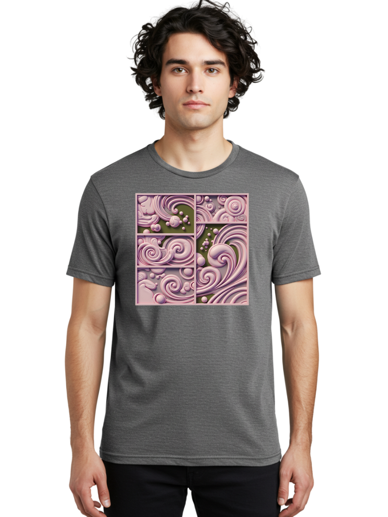 Swirling-Patterns Men'S Graphic Tee, 100% Cotton, Comfortable Casual Summer Wear, Machine Washable, Pink Swirls, Fluid Design, Abstract Pattern, Ornate Details, Whimsical Shapes, 3D Effect, Artistic Expression, Creative Wallpaper, Bac508