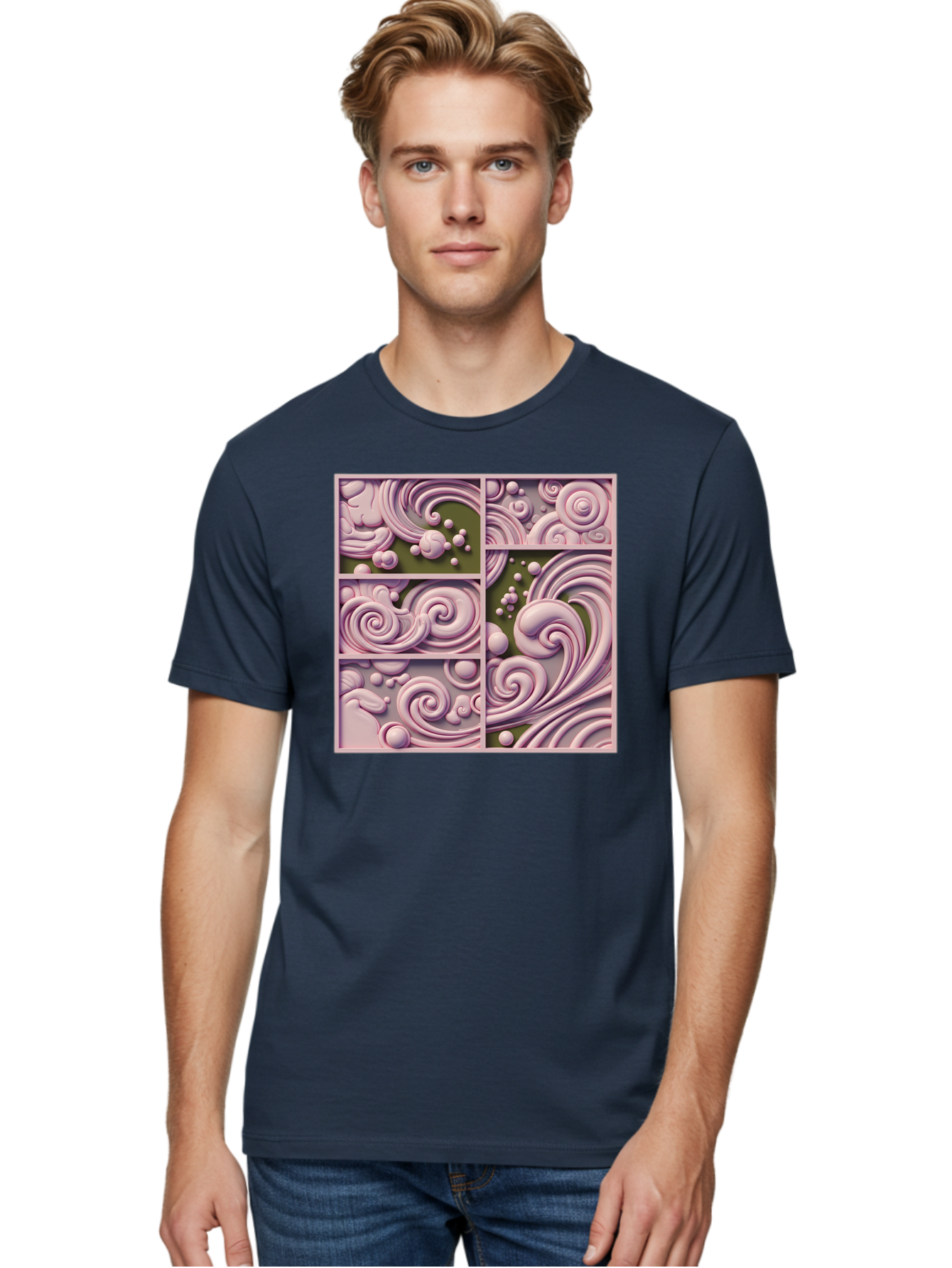 Swirling-Patterns Men'S Graphic Tee, 100% Cotton, Comfortable Casual Summer Wear, Machine Washable, Pink Swirls, Fluid Design, Abstract Pattern, Ornate Details, Whimsical Shapes, 3D Effect, Artistic Expression, Creative Wallpaper, Bac508