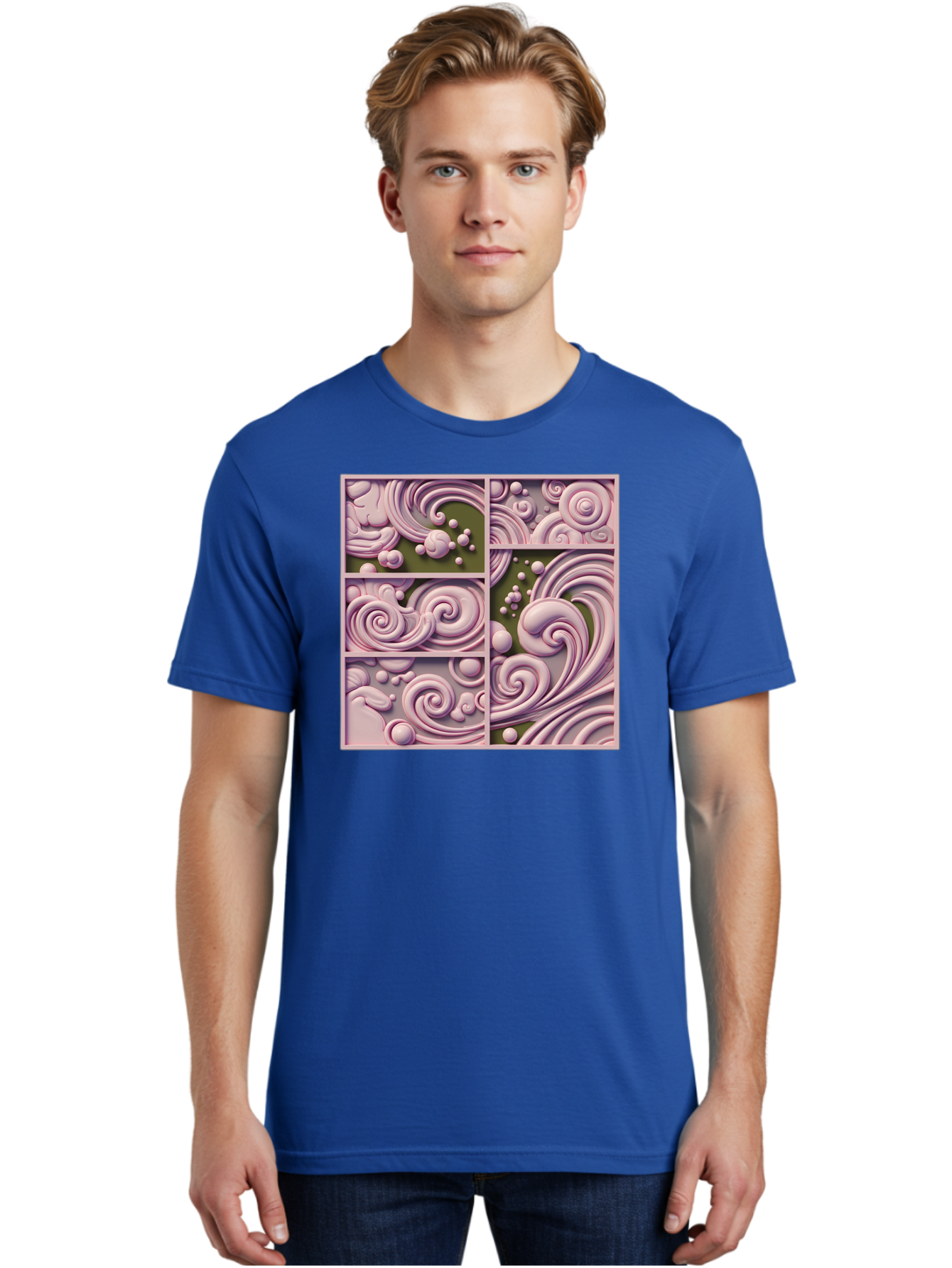 Swirling-Patterns Men'S Graphic Tee, 100% Cotton, Comfortable Casual Summer Wear, Machine Washable, Pink Swirls, Fluid Design, Abstract Pattern, Ornate Details, Whimsical Shapes, 3D Effect, Artistic Expression, Creative Wallpaper, Bac508