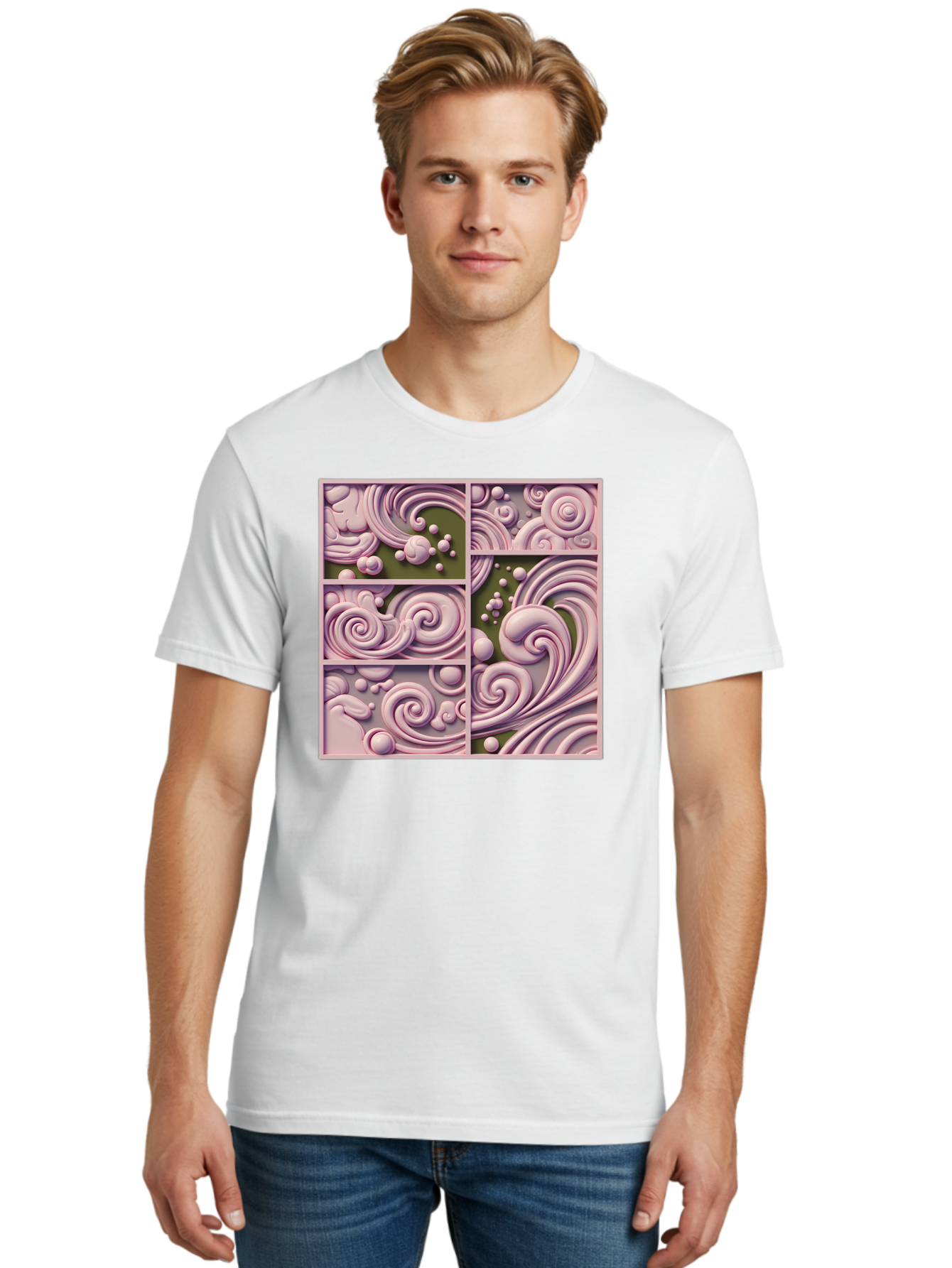 Swirling-Patterns Men'S Graphic Tee, 100% Cotton, Comfortable Casual Summer Wear, Machine Washable, Pink Swirls, Fluid Design, Abstract Pattern, Ornate Details, Whimsical Shapes, 3D Effect, Artistic Expression, Creative Wallpaper, Bac508