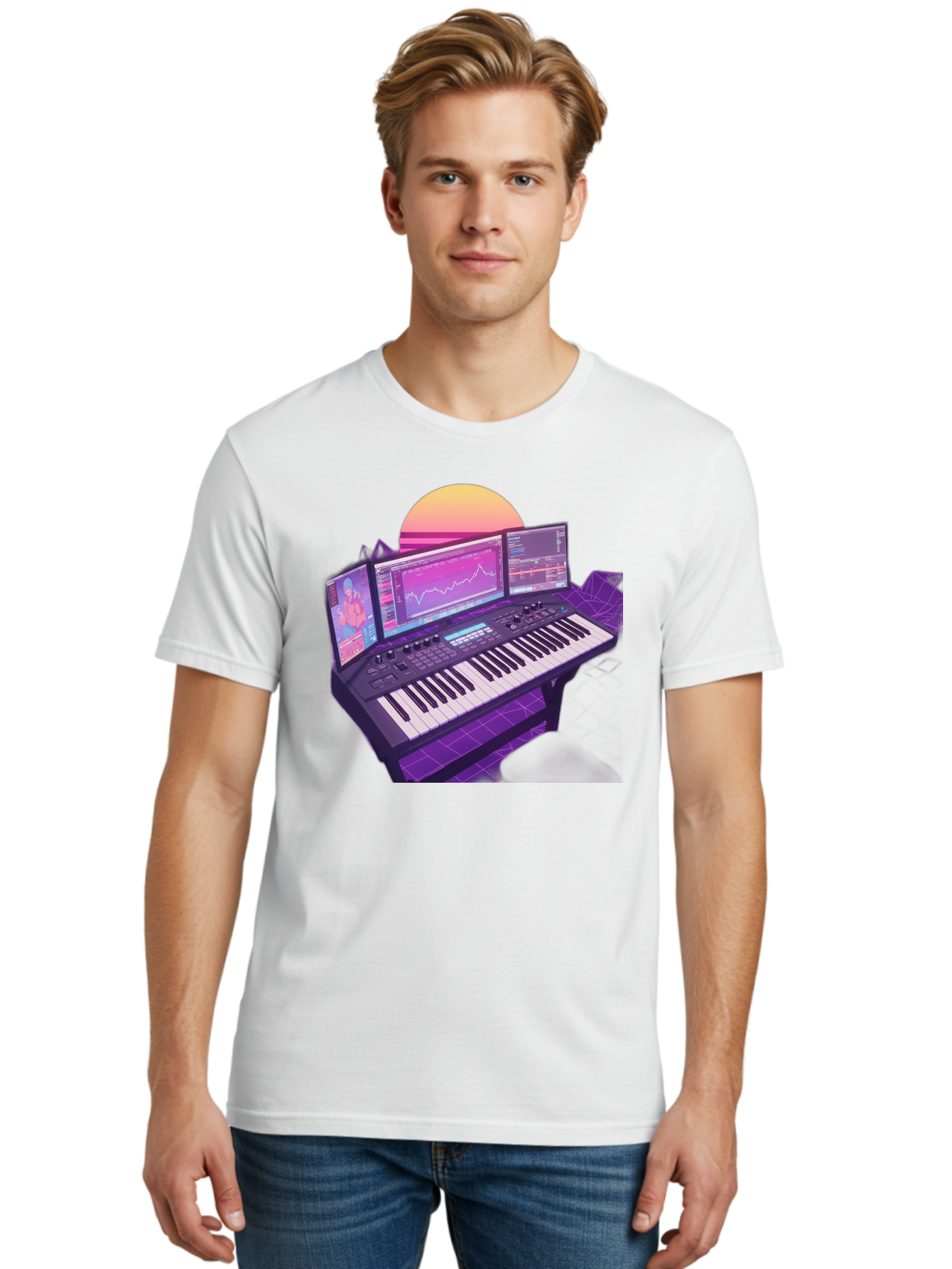 Synthesizer Men'S Graphic Tee, 100% Cotton, Comfortable Casual Summer Wear, Machine Washable, Synthesizer Keyboard, Music Production, Digital Audio Workstation, Sound Design, Electronic Music, Midi Controller, Waveform, Music Technology, Bac509