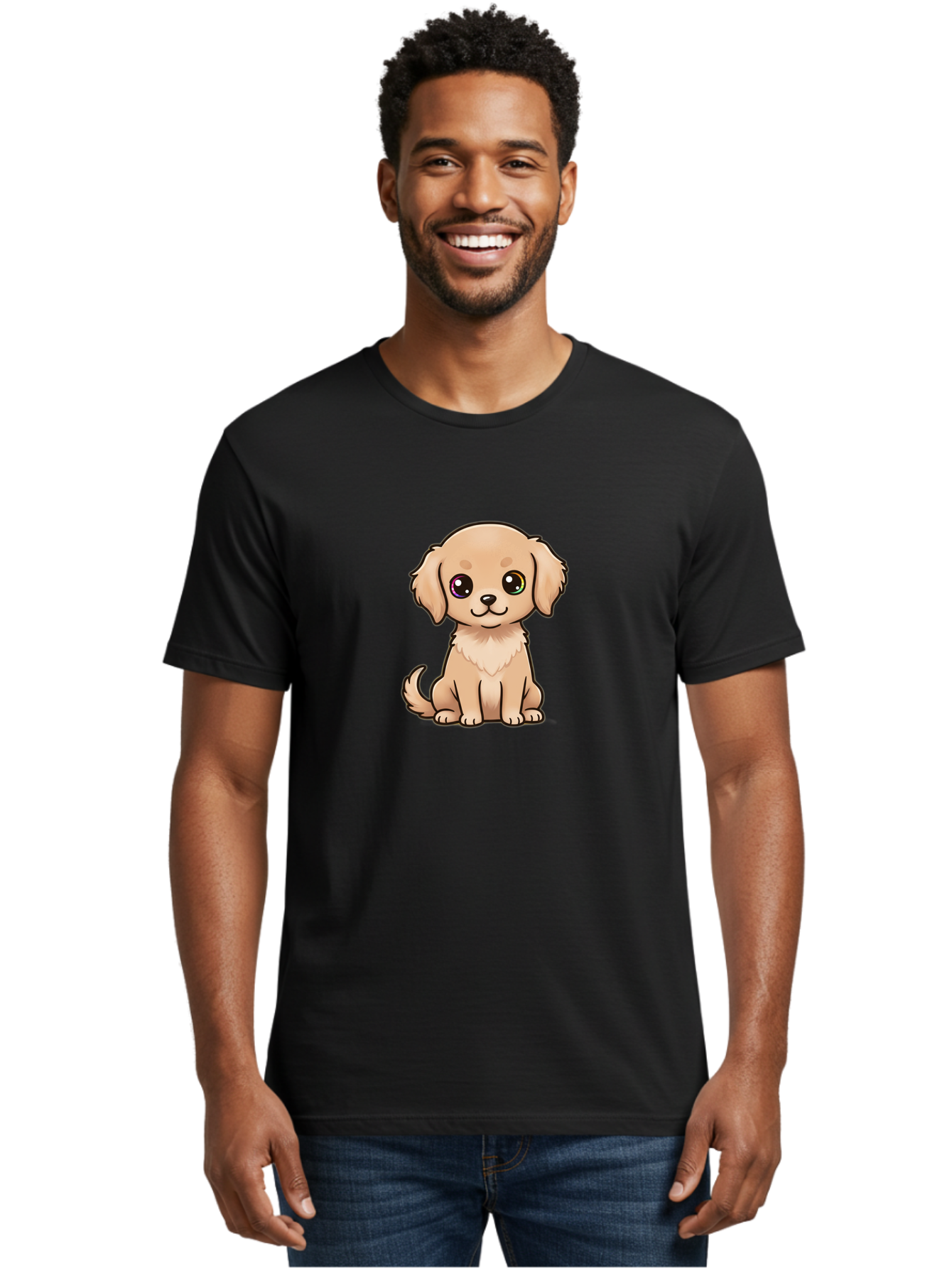 Tan-Puppy Men'S Graphic Tee, 100% Cotton, Comfortable Casual Summer Wear, Machine Washable, Cute Puppy, Cartoon Dog, Tan Colored Puppy, Fluffy Fur, Big Eyes, Sweet Expression, Sitting Dog, Adorable Animal, Kawaii Character, Playful Puppy, Bac510