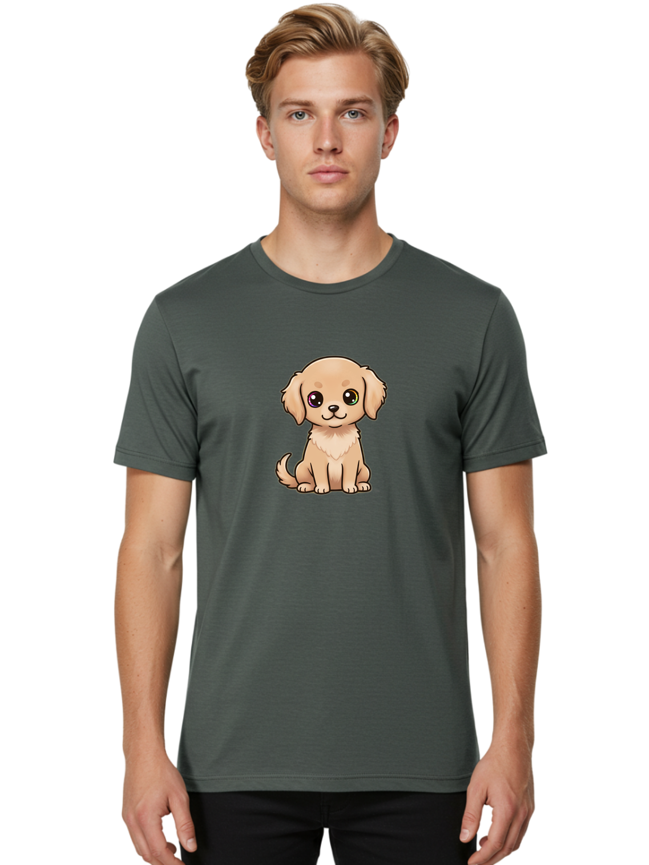 Tan-Puppy Men'S Graphic Tee, 100% Cotton, Comfortable Casual Summer Wear, Machine Washable, Cute Puppy, Cartoon Dog, Tan Colored Puppy, Fluffy Fur, Big Eyes, Sweet Expression, Sitting Dog, Adorable Animal, Kawaii Character, Playful Puppy, Bac510