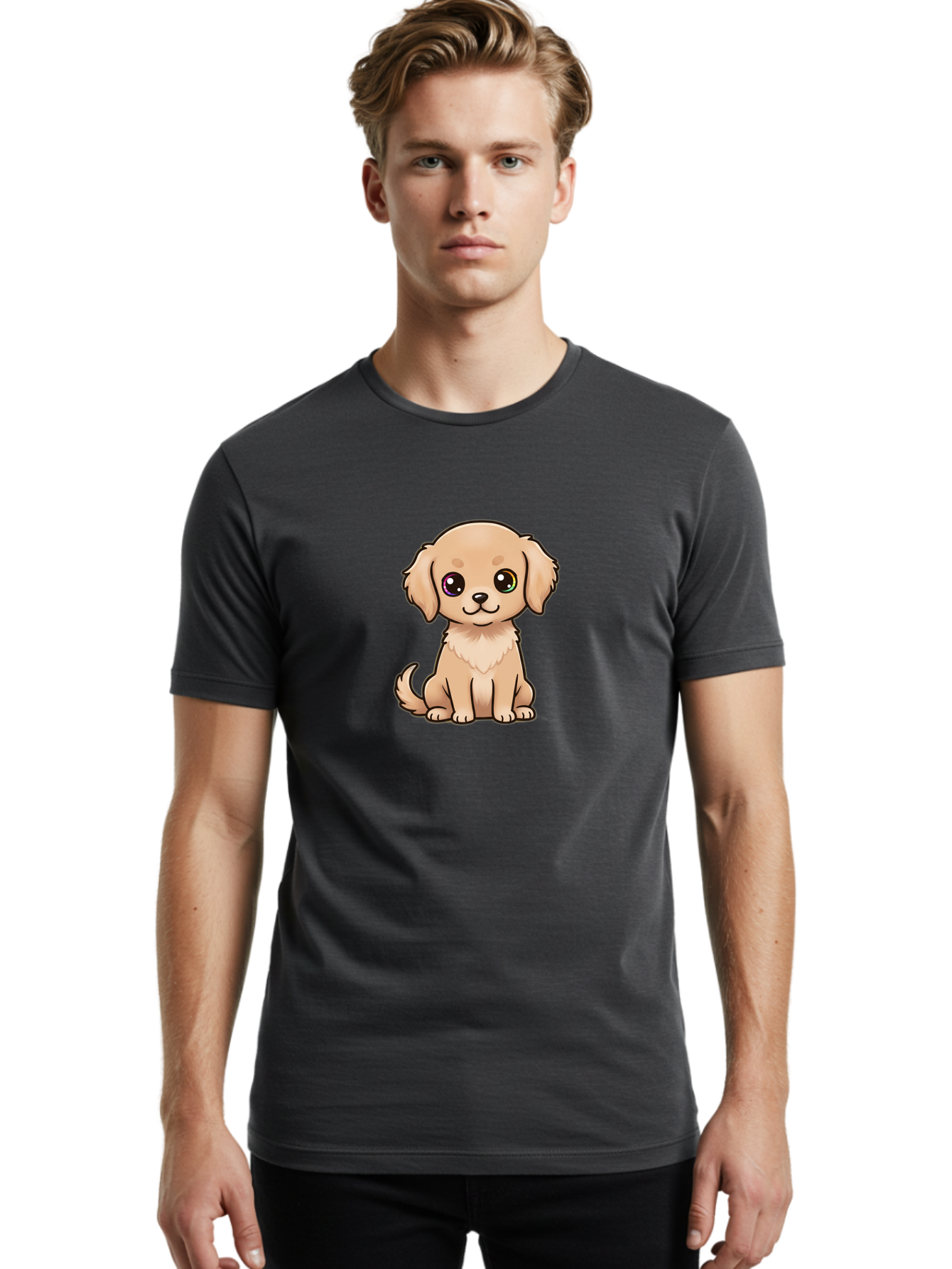 Tan-Puppy Men'S Graphic Tee, 100% Cotton, Comfortable Casual Summer Wear, Machine Washable, Cute Puppy, Cartoon Dog, Tan Colored Puppy, Fluffy Fur, Big Eyes, Sweet Expression, Sitting Dog, Adorable Animal, Kawaii Character, Playful Puppy, Bac510