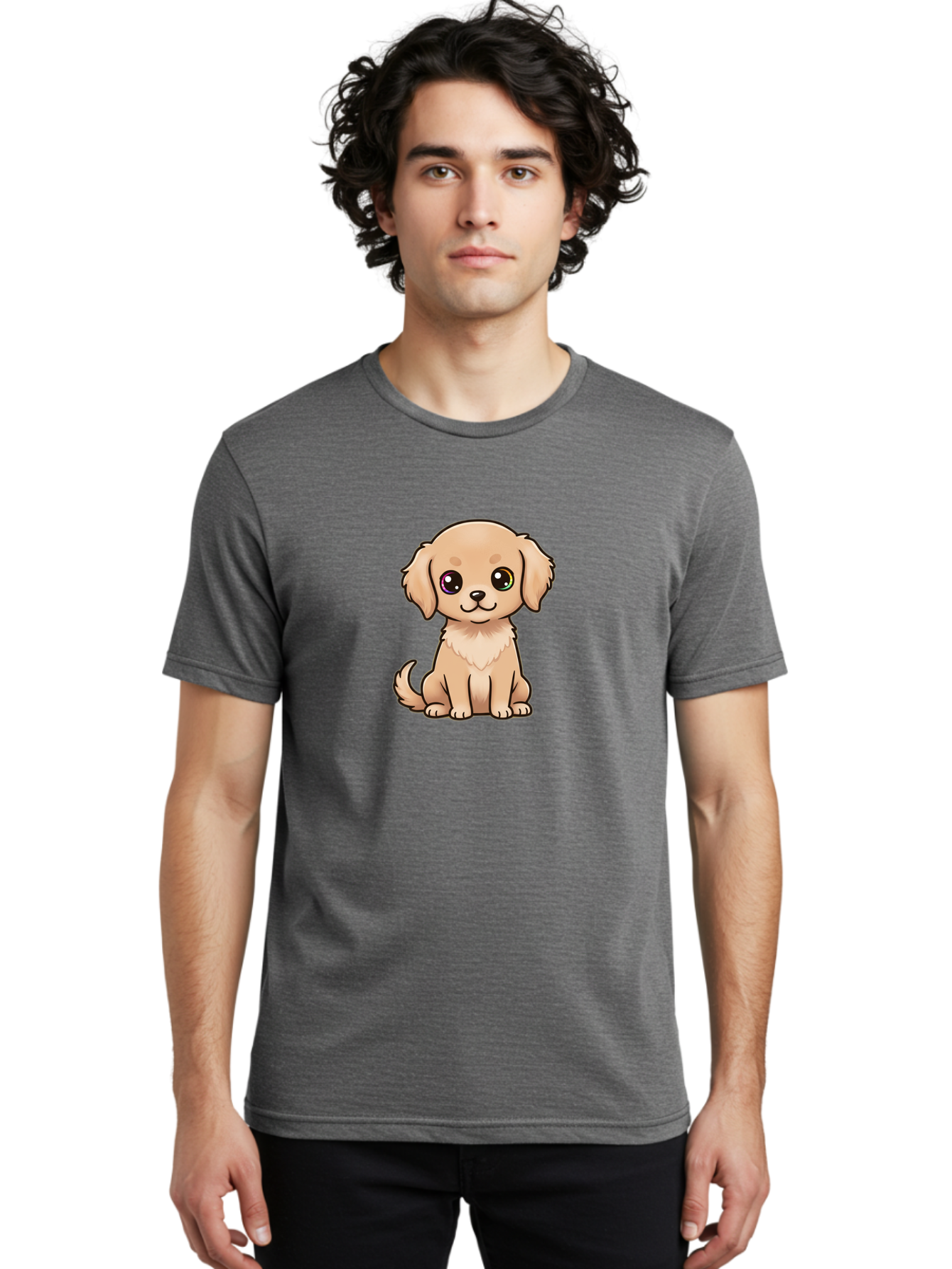 Tan-Puppy Men'S Graphic Tee, 100% Cotton, Comfortable Casual Summer Wear, Machine Washable, Cute Puppy, Cartoon Dog, Tan Colored Puppy, Fluffy Fur, Big Eyes, Sweet Expression, Sitting Dog, Adorable Animal, Kawaii Character, Playful Puppy, Bac510