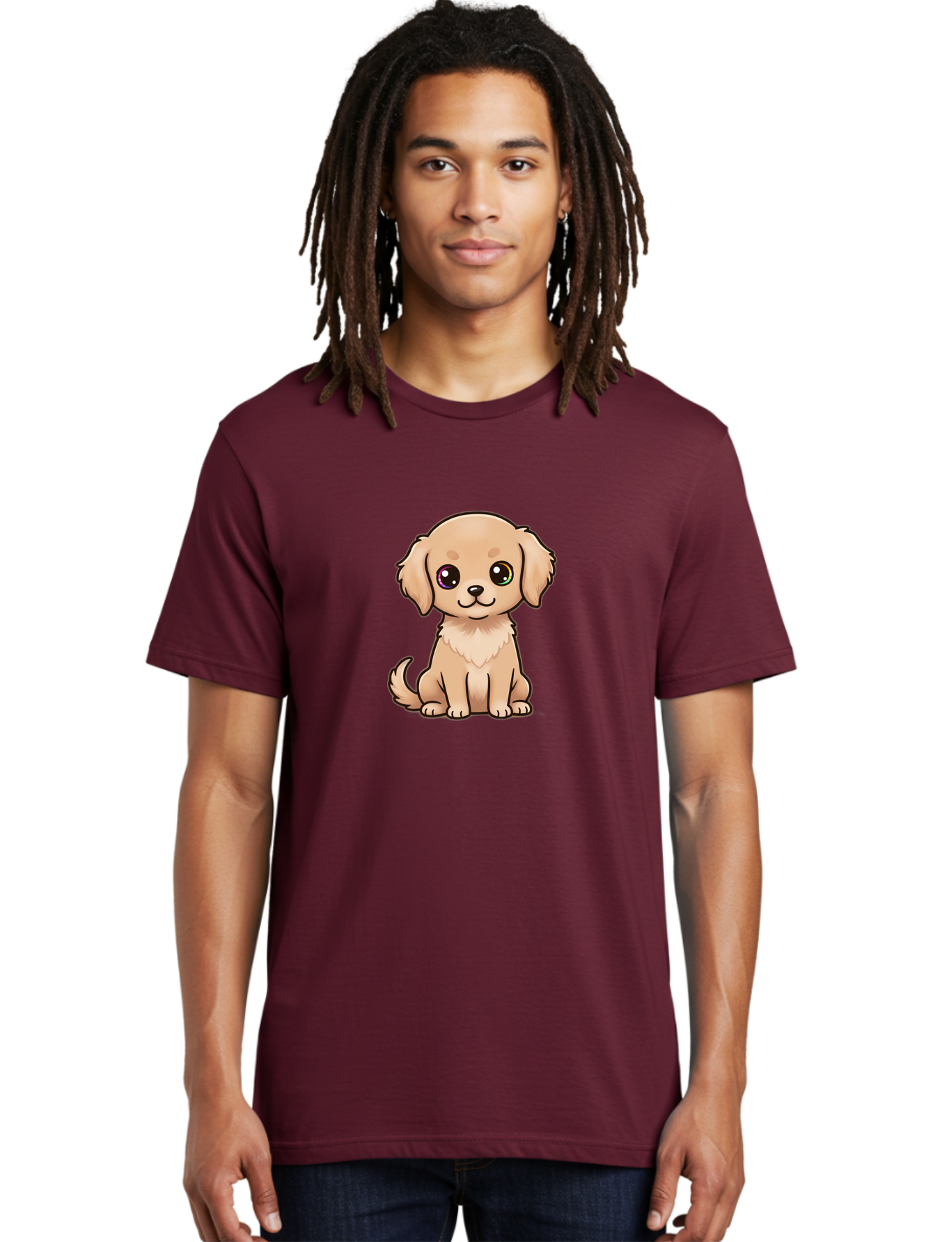 Tan-Puppy Men'S Graphic Tee, 100% Cotton, Comfortable Casual Summer Wear, Machine Washable, Cute Puppy, Cartoon Dog, Tan Colored Puppy, Fluffy Fur, Big Eyes, Sweet Expression, Sitting Dog, Adorable Animal, Kawaii Character, Playful Puppy, Bac510