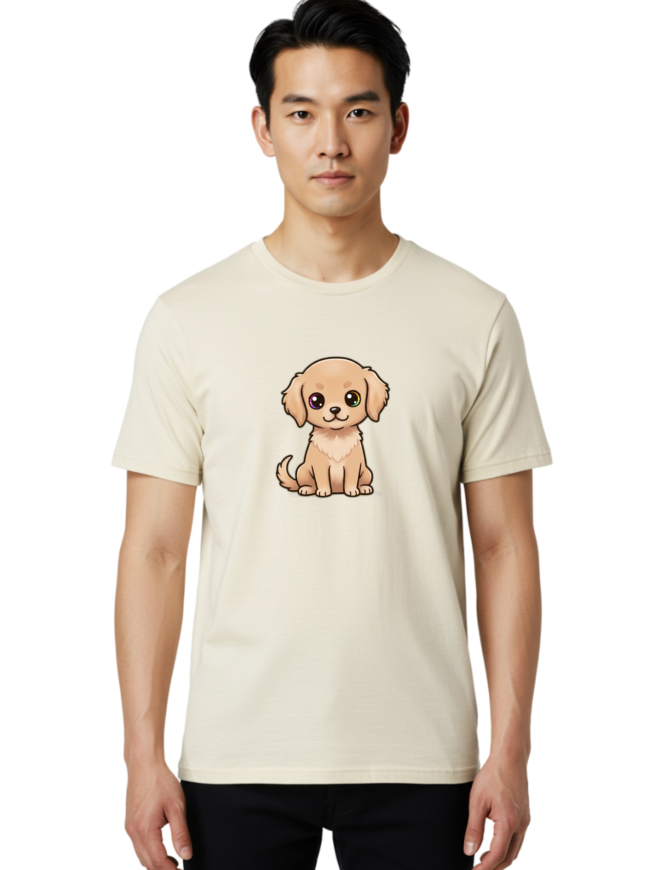 Tan-Puppy Men'S Graphic Tee, 100% Cotton, Comfortable Casual Summer Wear, Machine Washable, Cute Puppy, Cartoon Dog, Tan Colored Puppy, Fluffy Fur, Big Eyes, Sweet Expression, Sitting Dog, Adorable Animal, Kawaii Character, Playful Puppy, Bac510