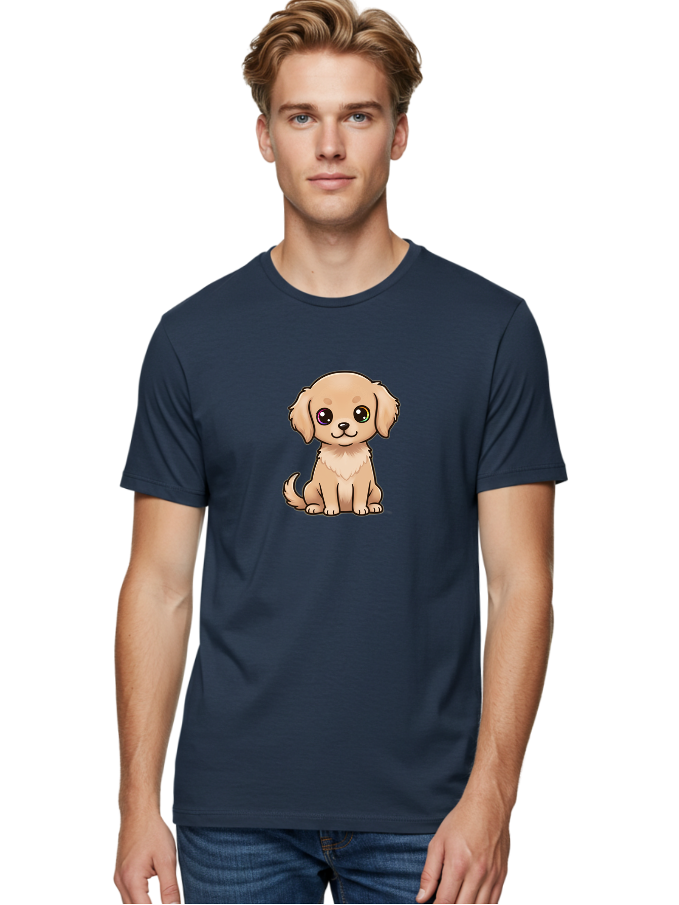Tan-Puppy Men'S Graphic Tee, 100% Cotton, Comfortable Casual Summer Wear, Machine Washable, Cute Puppy, Cartoon Dog, Tan Colored Puppy, Fluffy Fur, Big Eyes, Sweet Expression, Sitting Dog, Adorable Animal, Kawaii Character, Playful Puppy, Bac510