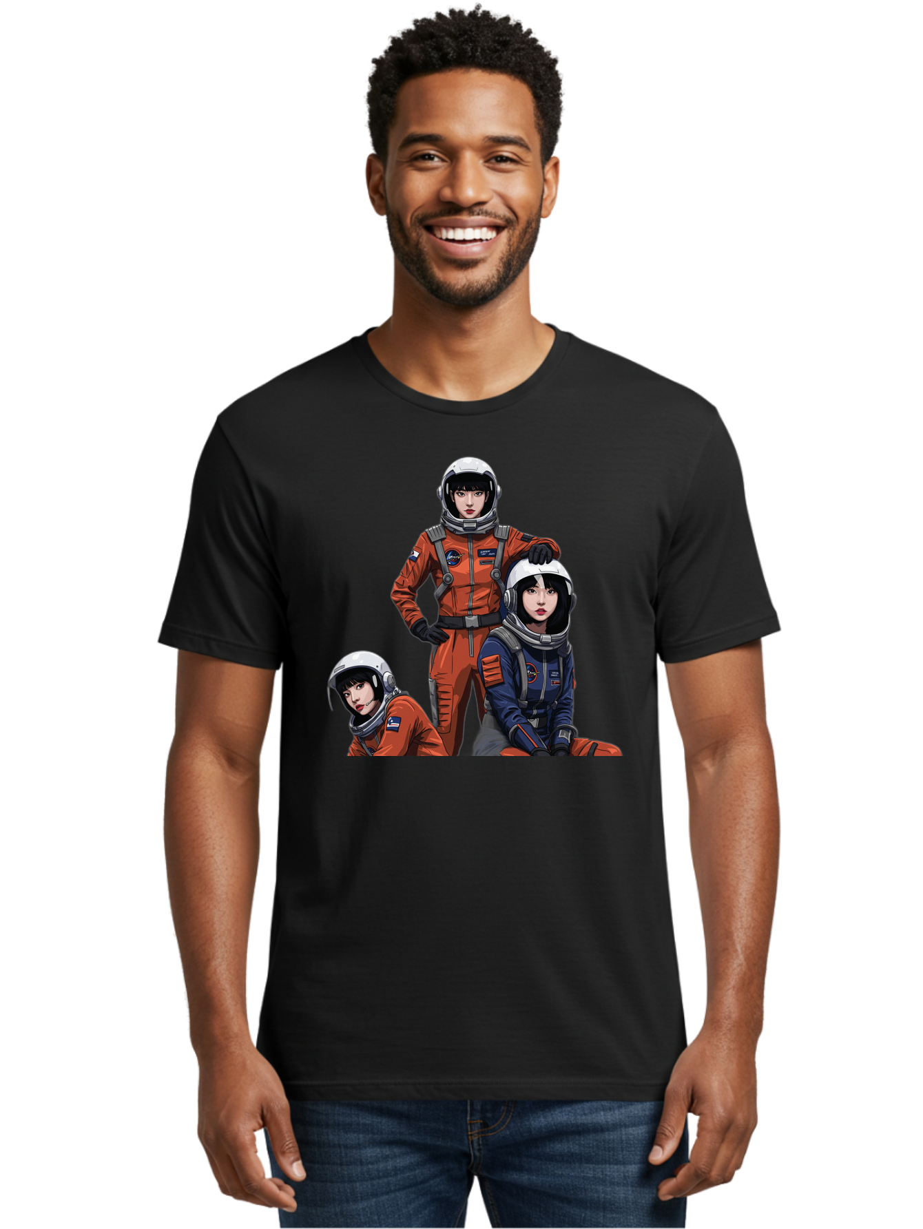 Three-Astronauts Men'S Graphic Tee, 100% Cotton, Comfortable Casual Summer Wear, Machine Washable, Astronauts In Space Suits, Orange And Blue Jumpsuits, Space Mission, Helmet And Gloves, Futuristic Design, Team Of Explorers, Space Travel Bac511