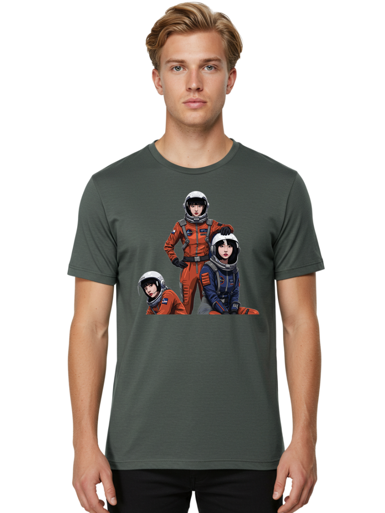 Three-Astronauts Men'S Graphic Tee, 100% Cotton, Comfortable Casual Summer Wear, Machine Washable, Astronauts In Space Suits, Orange And Blue Jumpsuits, Space Mission, Helmet And Gloves, Futuristic Design, Team Of Explorers, Space Travel Bac511