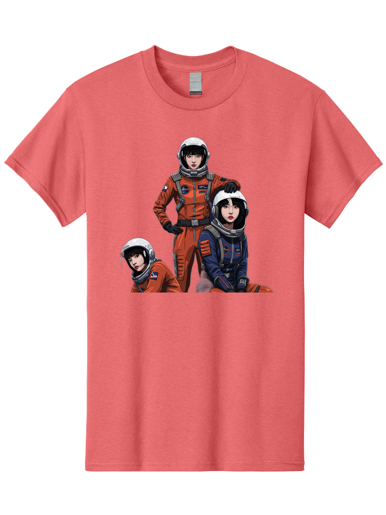Three-Astronauts Men'S Graphic Tee, 100% Cotton, Comfortable Casual Summer Wear, Machine Washable, Astronauts In Space Suits, Orange And Blue Jumpsuits, Space Mission, Helmet And Gloves, Futuristic Design, Team Of Explorers, Space Travel Bac511