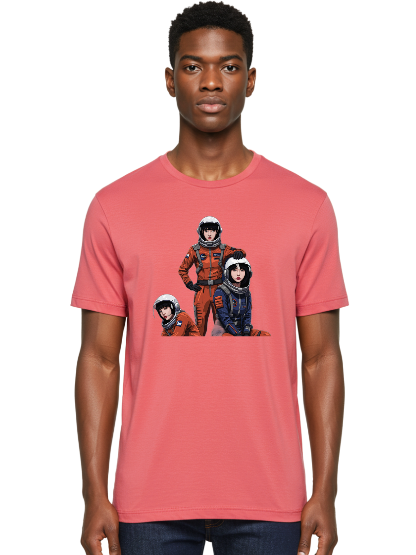 Three-Astronauts Men'S Graphic Tee, 100% Cotton, Comfortable Casual Summer Wear, Machine Washable, Astronauts In Space Suits, Orange And Blue Jumpsuits, Space Mission, Helmet And Gloves, Futuristic Design, Team Of Explorers, Space Travel Bac511