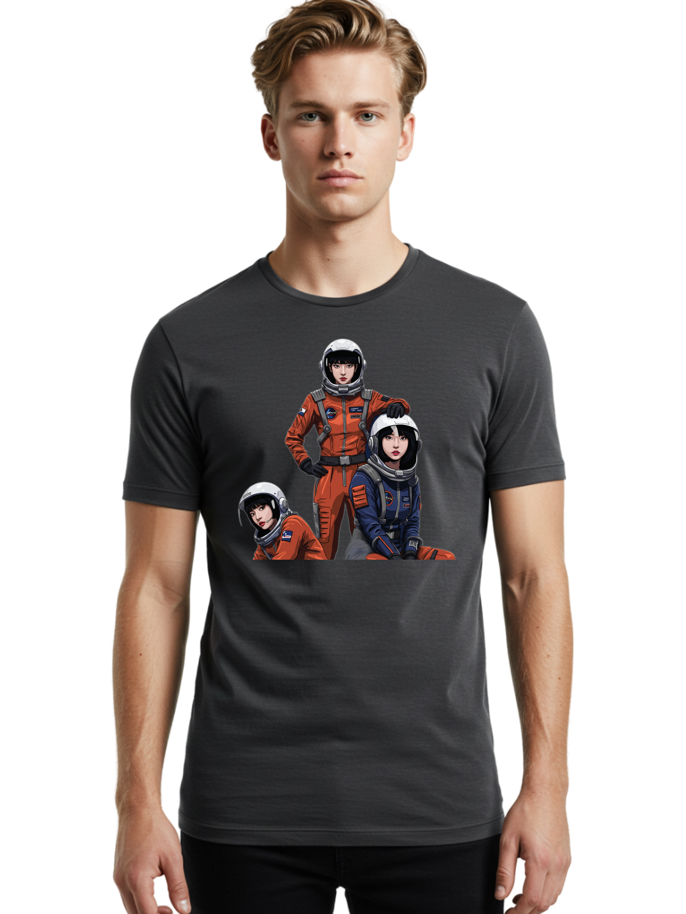 Three-Astronauts Men'S Graphic Tee, 100% Cotton, Comfortable Casual Summer Wear, Machine Washable, Astronauts In Space Suits, Orange And Blue Jumpsuits, Space Mission, Helmet And Gloves, Futuristic Design, Team Of Explorers, Space Travel Bac511