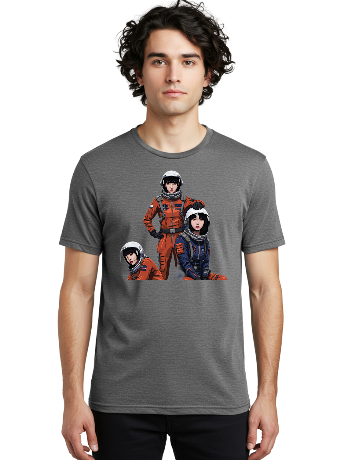 Three-Astronauts Men'S Graphic Tee, 100% Cotton, Comfortable Casual Summer Wear, Machine Washable, Astronauts In Space Suits, Orange And Blue Jumpsuits, Space Mission, Helmet And Gloves, Futuristic Design, Team Of Explorers, Space Travel Bac511