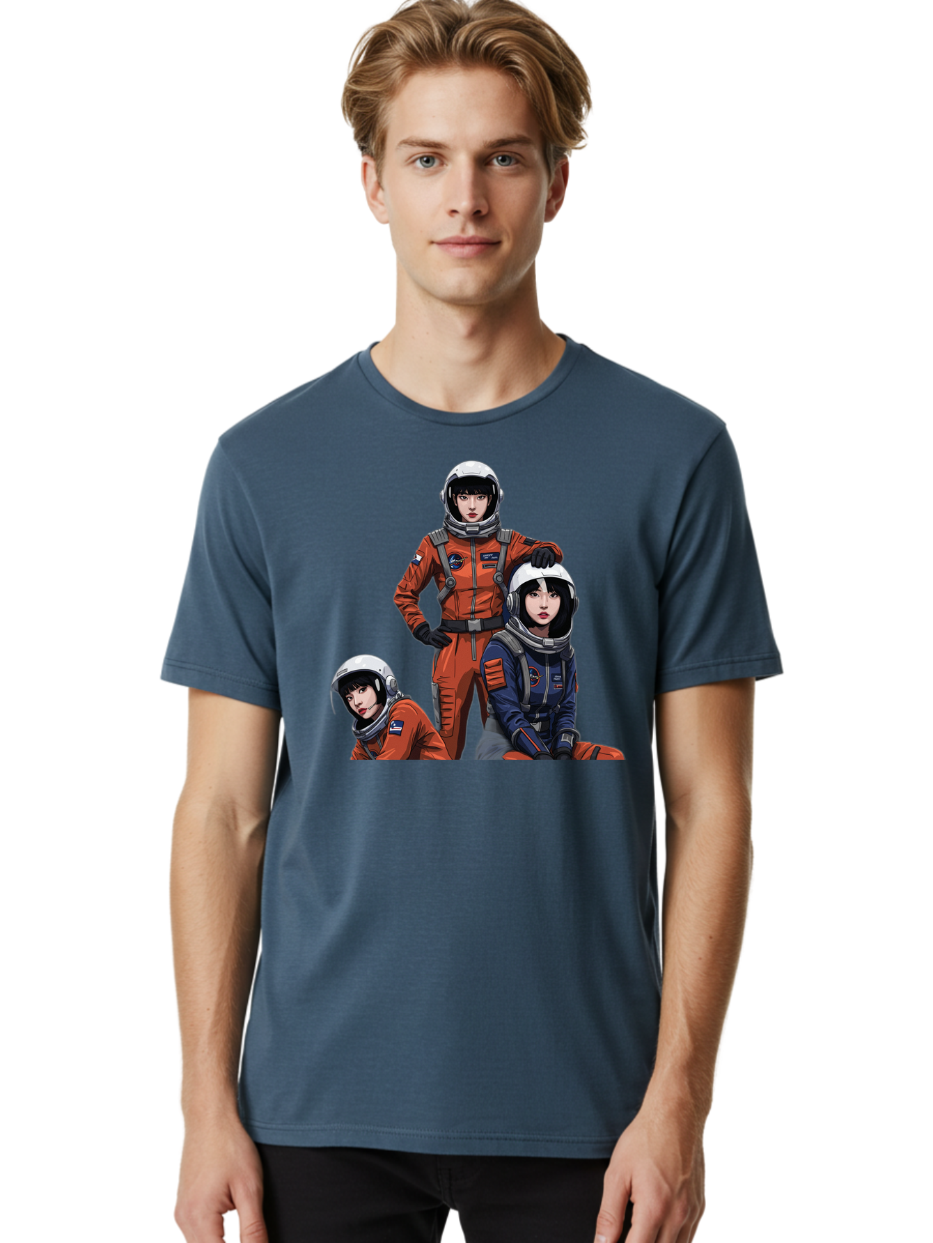 Three-Astronauts Men'S Graphic Tee, 100% Cotton, Comfortable Casual Summer Wear, Machine Washable, Astronauts In Space Suits, Orange And Blue Jumpsuits, Space Mission, Helmet And Gloves, Futuristic Design, Team Of Explorers, Space Travel Bac511