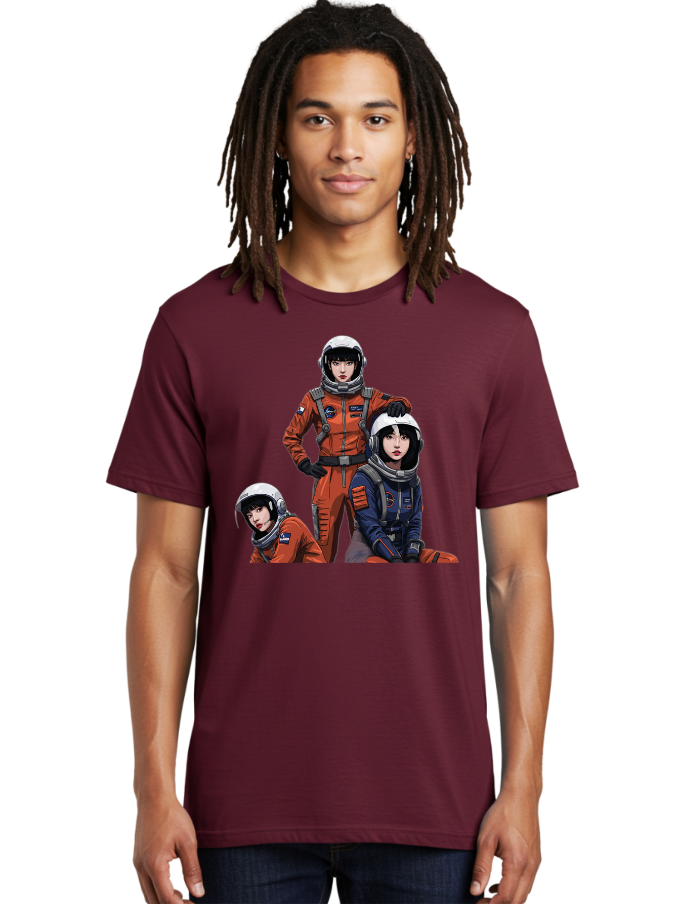 Three-Astronauts Men'S Graphic Tee, 100% Cotton, Comfortable Casual Summer Wear, Machine Washable, Astronauts In Space Suits, Orange And Blue Jumpsuits, Space Mission, Helmet And Gloves, Futuristic Design, Team Of Explorers, Space Travel Bac511
