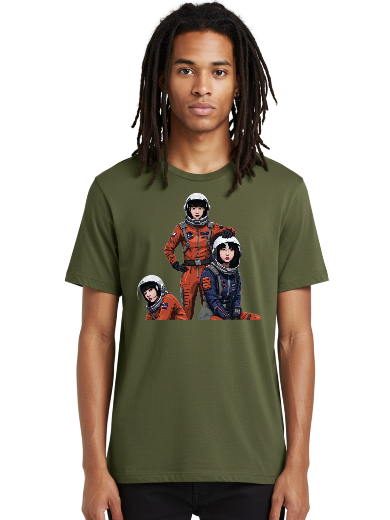 Three-Astronauts Men'S Graphic Tee, 100% Cotton, Comfortable Casual Summer Wear, Machine Washable, Astronauts In Space Suits, Orange And Blue Jumpsuits, Space Mission, Helmet And Gloves, Futuristic Design, Team Of Explorers, Space Travel Bac511