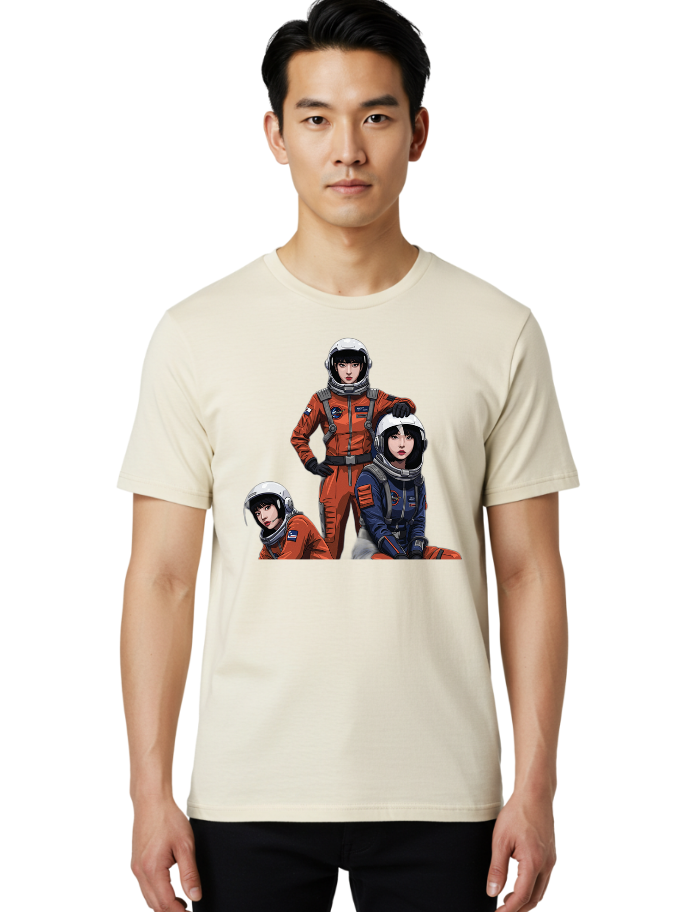 Three-Astronauts Men'S Graphic Tee, 100% Cotton, Comfortable Casual Summer Wear, Machine Washable, Astronauts In Space Suits, Orange And Blue Jumpsuits, Space Mission, Helmet And Gloves, Futuristic Design, Team Of Explorers, Space Travel Bac511