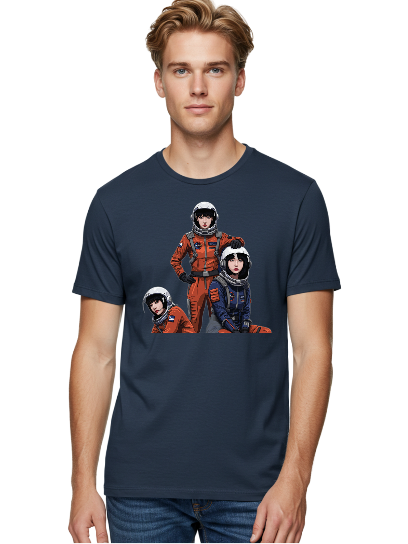 Three-Astronauts Men'S Graphic Tee, 100% Cotton, Comfortable Casual Summer Wear, Machine Washable, Astronauts In Space Suits, Orange And Blue Jumpsuits, Space Mission, Helmet And Gloves, Futuristic Design, Team Of Explorers, Space Travel Bac511