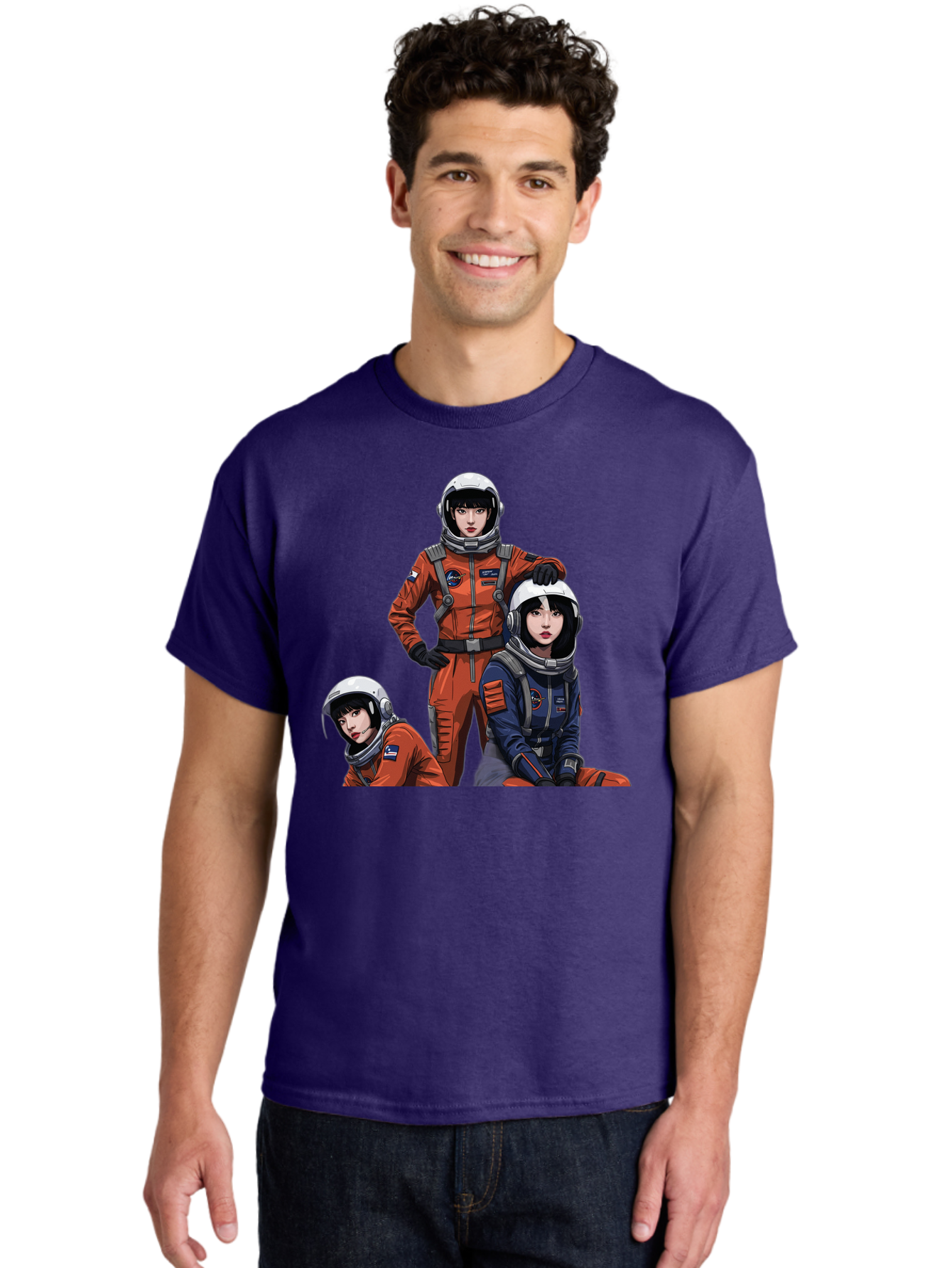 Three-Astronauts Men'S Graphic Tee, 100% Cotton, Comfortable Casual Summer Wear, Machine Washable, Astronauts In Space Suits, Orange And Blue Jumpsuits, Space Mission, Helmet And Gloves, Futuristic Design, Team Of Explorers, Space Travel Bac511