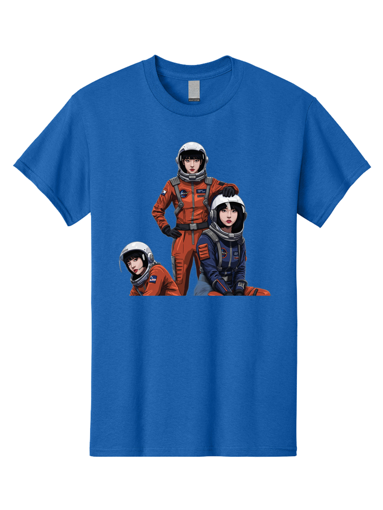 Three-Astronauts Men'S Graphic Tee, 100% Cotton, Comfortable Casual Summer Wear, Machine Washable, Astronauts In Space Suits, Orange And Blue Jumpsuits, Space Mission, Helmet And Gloves, Futuristic Design, Team Of Explorers, Space Travel Bac511