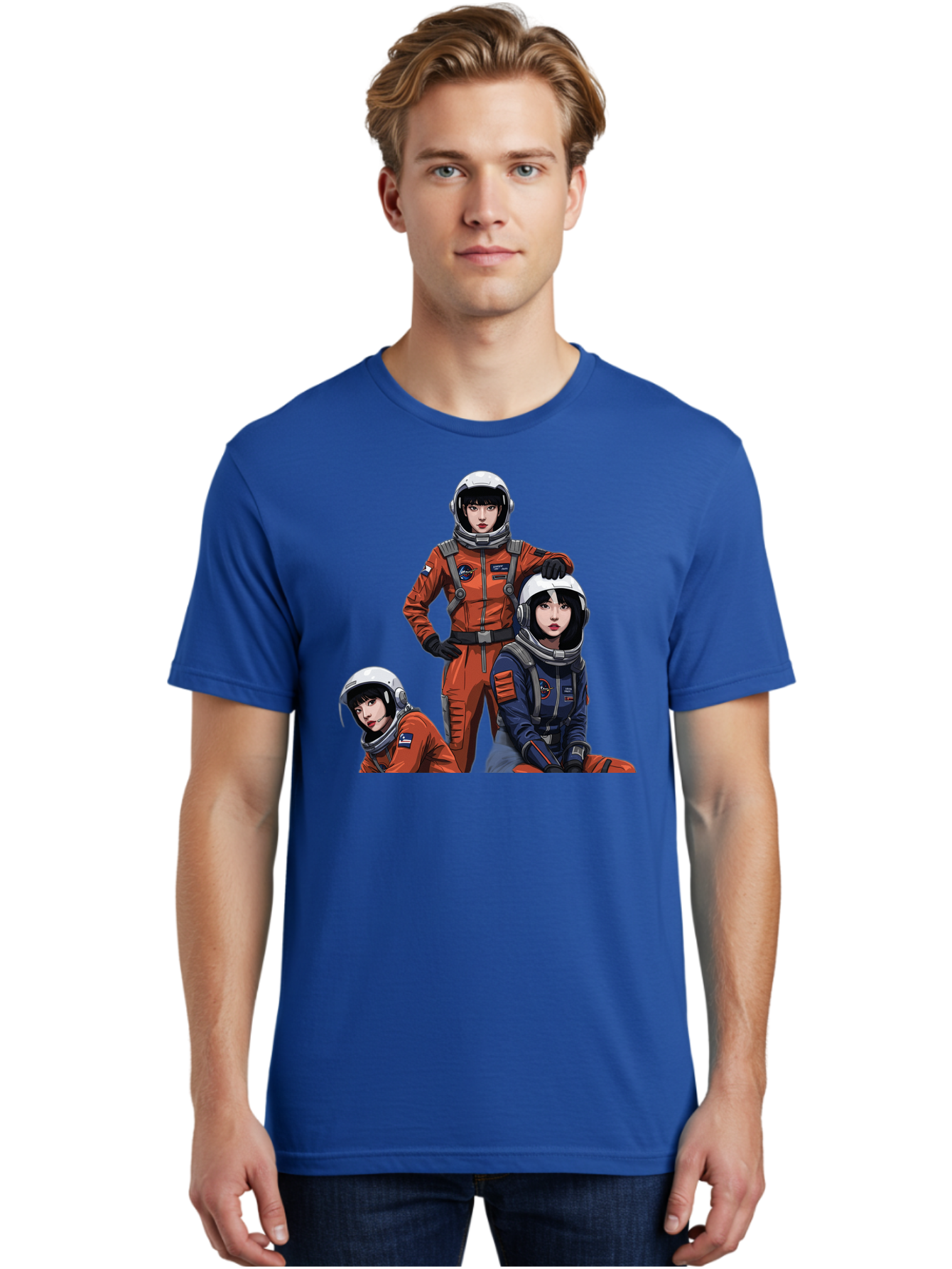 Three-Astronauts Men'S Graphic Tee, 100% Cotton, Comfortable Casual Summer Wear, Machine Washable, Astronauts In Space Suits, Orange And Blue Jumpsuits, Space Mission, Helmet And Gloves, Futuristic Design, Team Of Explorers, Space Travel Bac511
