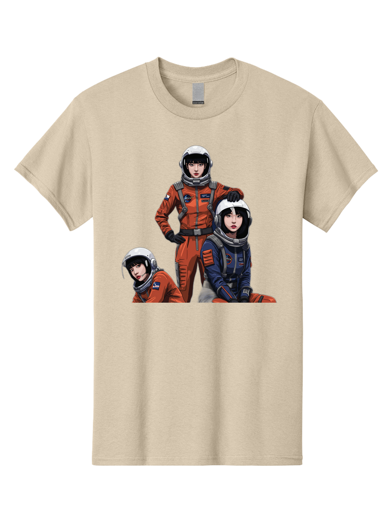 Three-Astronauts Men'S Graphic Tee, 100% Cotton, Comfortable Casual Summer Wear, Machine Washable, Astronauts In Space Suits, Orange And Blue Jumpsuits, Space Mission, Helmet And Gloves, Futuristic Design, Team Of Explorers, Space Travel Bac511