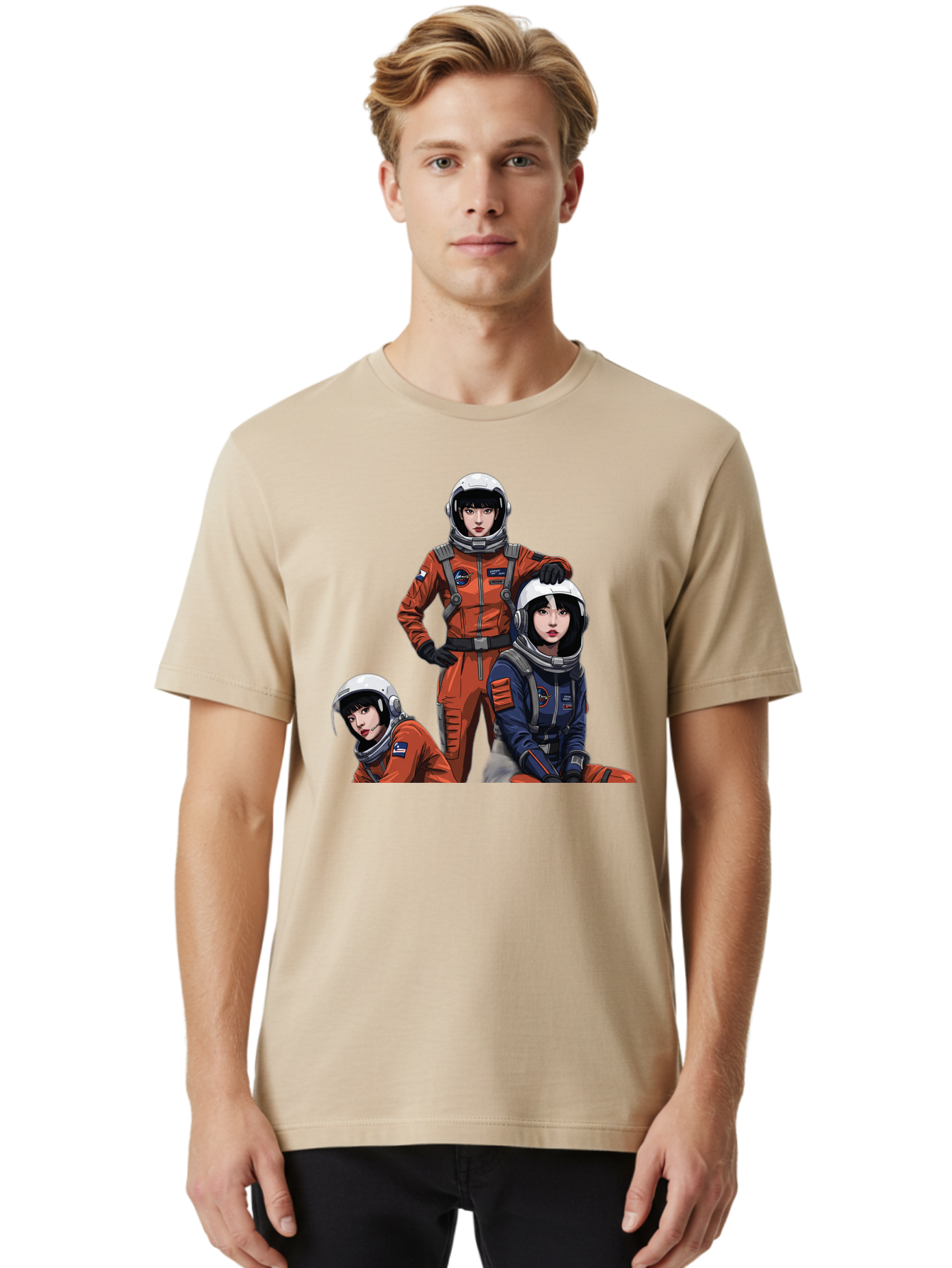 Three-Astronauts Men'S Graphic Tee, 100% Cotton, Comfortable Casual Summer Wear, Machine Washable, Astronauts In Space Suits, Orange And Blue Jumpsuits, Space Mission, Helmet And Gloves, Futuristic Design, Team Of Explorers, Space Travel Bac511