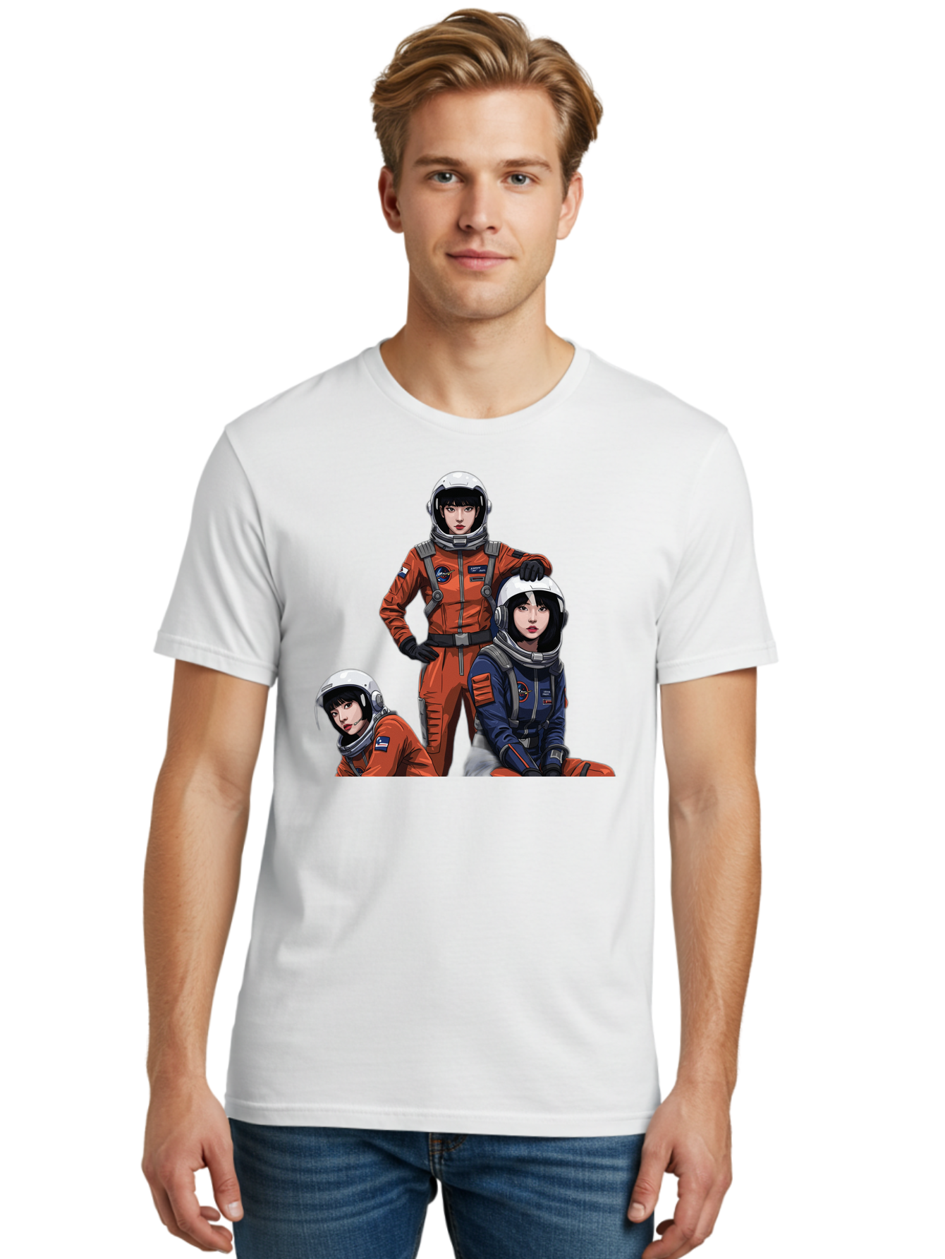 Three-Astronauts Men'S Graphic Tee, 100% Cotton, Comfortable Casual Summer Wear, Machine Washable, Astronauts In Space Suits, Orange And Blue Jumpsuits, Space Mission, Helmet And Gloves, Futuristic Design, Team Of Explorers, Space Travel Bac511