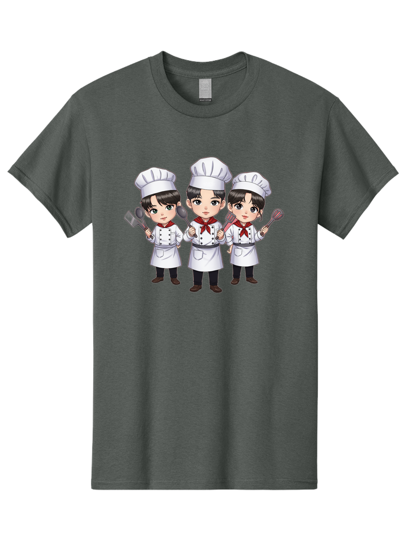 Three-Cartoon-Chefs Men'S Graphic Tee, 100% Cotton, Comfortable Casual Summer Wear, Machine Washable, Cartoon Chefs, Cooking Utensils, Kitchen Staff, Chef Hats, White Coats, Red Neckerchiefs, Cooking Tools, Ladle, Spatula, Whisk Bac512