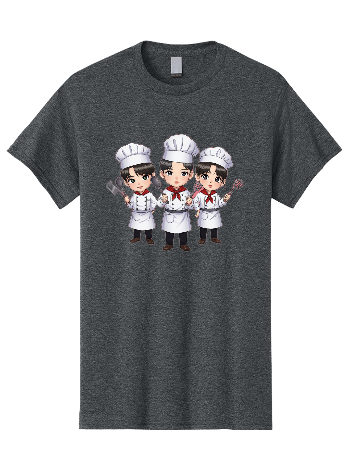 Three-Cartoon-Chefs Men'S Graphic Tee, 100% Cotton, Comfortable Casual Summer Wear, Machine Washable, Cartoon Chefs, Cooking Utensils, Kitchen Staff, Chef Hats, White Coats, Red Neckerchiefs, Cooking Tools, Ladle, Spatula, Whisk Bac512