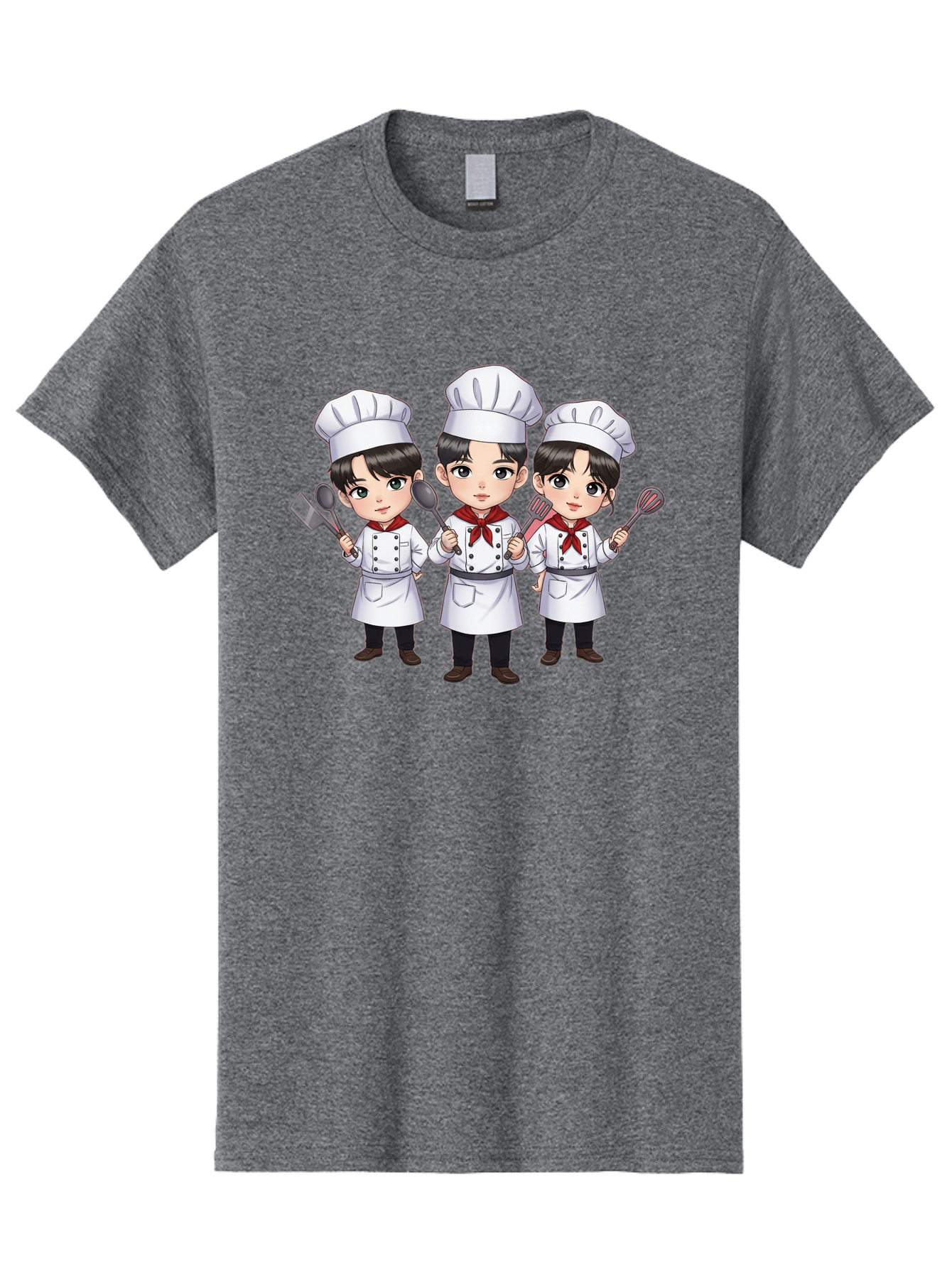 Three-Cartoon-Chefs Men'S Graphic Tee, 100% Cotton, Comfortable Casual Summer Wear, Machine Washable, Cartoon Chefs, Cooking Utensils, Kitchen Staff, Chef Hats, White Coats, Red Neckerchiefs, Cooking Tools, Ladle, Spatula, Whisk Bac512