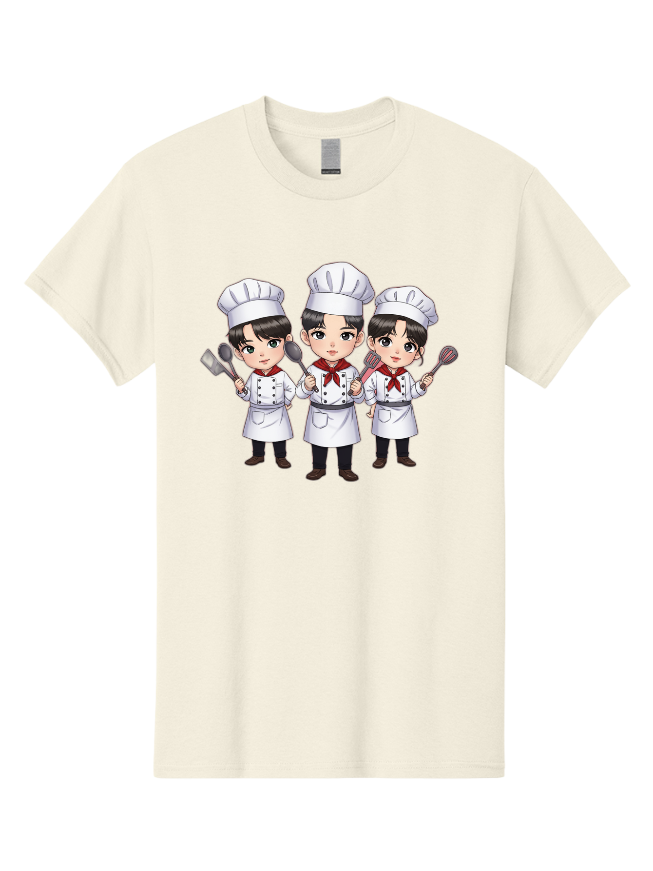 Three-Cartoon-Chefs Men'S Graphic Tee, 100% Cotton, Comfortable Casual Summer Wear, Machine Washable, Cartoon Chefs, Cooking Utensils, Kitchen Staff, Chef Hats, White Coats, Red Neckerchiefs, Cooking Tools, Ladle, Spatula, Whisk Bac512