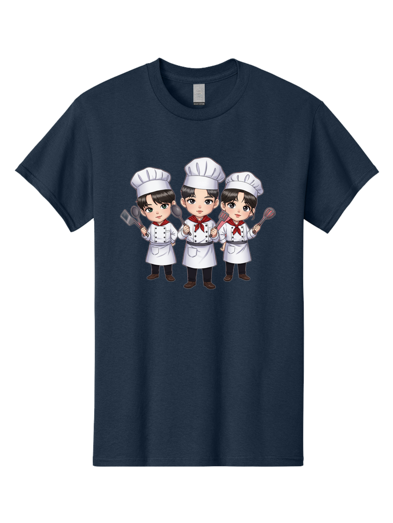 Three-Cartoon-Chefs Men'S Graphic Tee, 100% Cotton, Comfortable Casual Summer Wear, Machine Washable, Cartoon Chefs, Cooking Utensils, Kitchen Staff, Chef Hats, White Coats, Red Neckerchiefs, Cooking Tools, Ladle, Spatula, Whisk Bac512