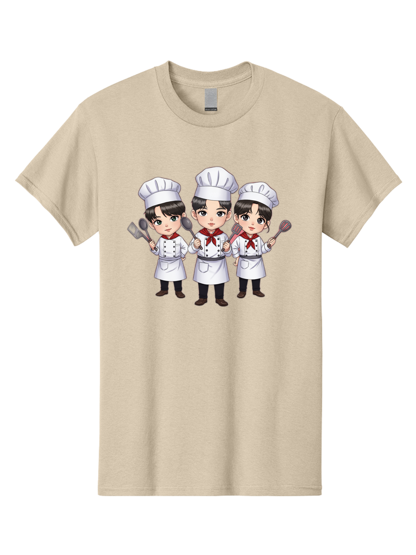 Three-Cartoon-Chefs Men'S Graphic Tee, 100% Cotton, Comfortable Casual Summer Wear, Machine Washable, Cartoon Chefs, Cooking Utensils, Kitchen Staff, Chef Hats, White Coats, Red Neckerchiefs, Cooking Tools, Ladle, Spatula, Whisk Bac512