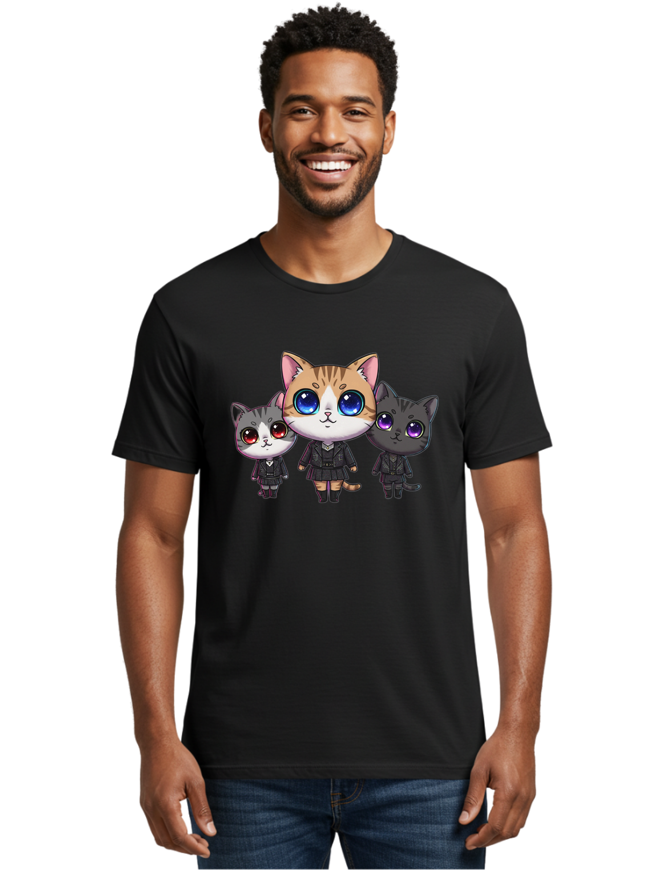 Three-Cats Men'S Graphic Tee, 100% Cotton, Comfortable Casual Summer Wear, Machine Washable, Cartoon Cats, Anime Style, Cute Cats, Kawaii Art, Cat Trio, Cartoon Characters, Stylized Cats, Large Eyes, Dressed Cats, Feline Friends, Digital Art, Bac513
