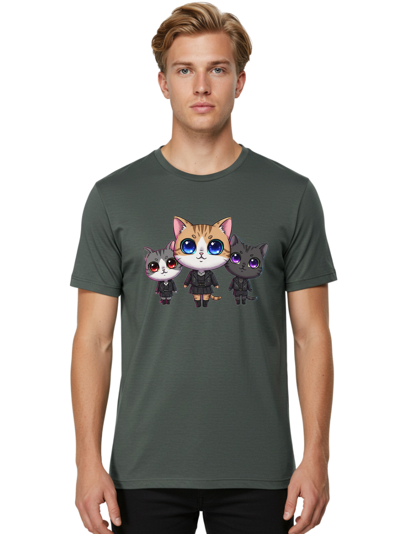 Three-Cats Men'S Graphic Tee, 100% Cotton, Comfortable Casual Summer Wear, Machine Washable, Cartoon Cats, Anime Style, Cute Cats, Kawaii Art, Cat Trio, Cartoon Characters, Stylized Cats, Large Eyes, Dressed Cats, Feline Friends, Digital Art, Bac513