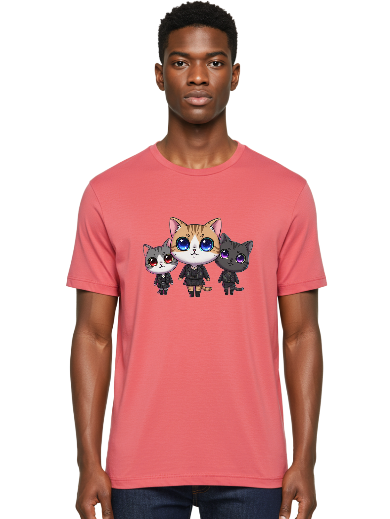 Three-Cats Men'S Graphic Tee, 100% Cotton, Comfortable Casual Summer Wear, Machine Washable, Cartoon Cats, Anime Style, Cute Cats, Kawaii Art, Cat Trio, Cartoon Characters, Stylized Cats, Large Eyes, Dressed Cats, Feline Friends, Digital Art, Bac513