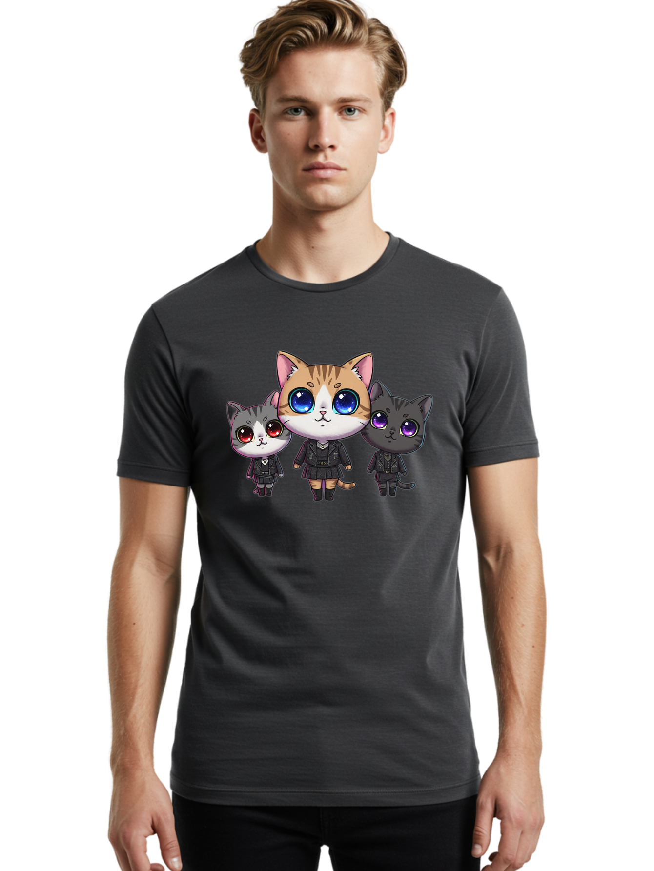 Three-Cats Men'S Graphic Tee, 100% Cotton, Comfortable Casual Summer Wear, Machine Washable, Cartoon Cats, Anime Style, Cute Cats, Kawaii Art, Cat Trio, Cartoon Characters, Stylized Cats, Large Eyes, Dressed Cats, Feline Friends, Digital Art, Bac513