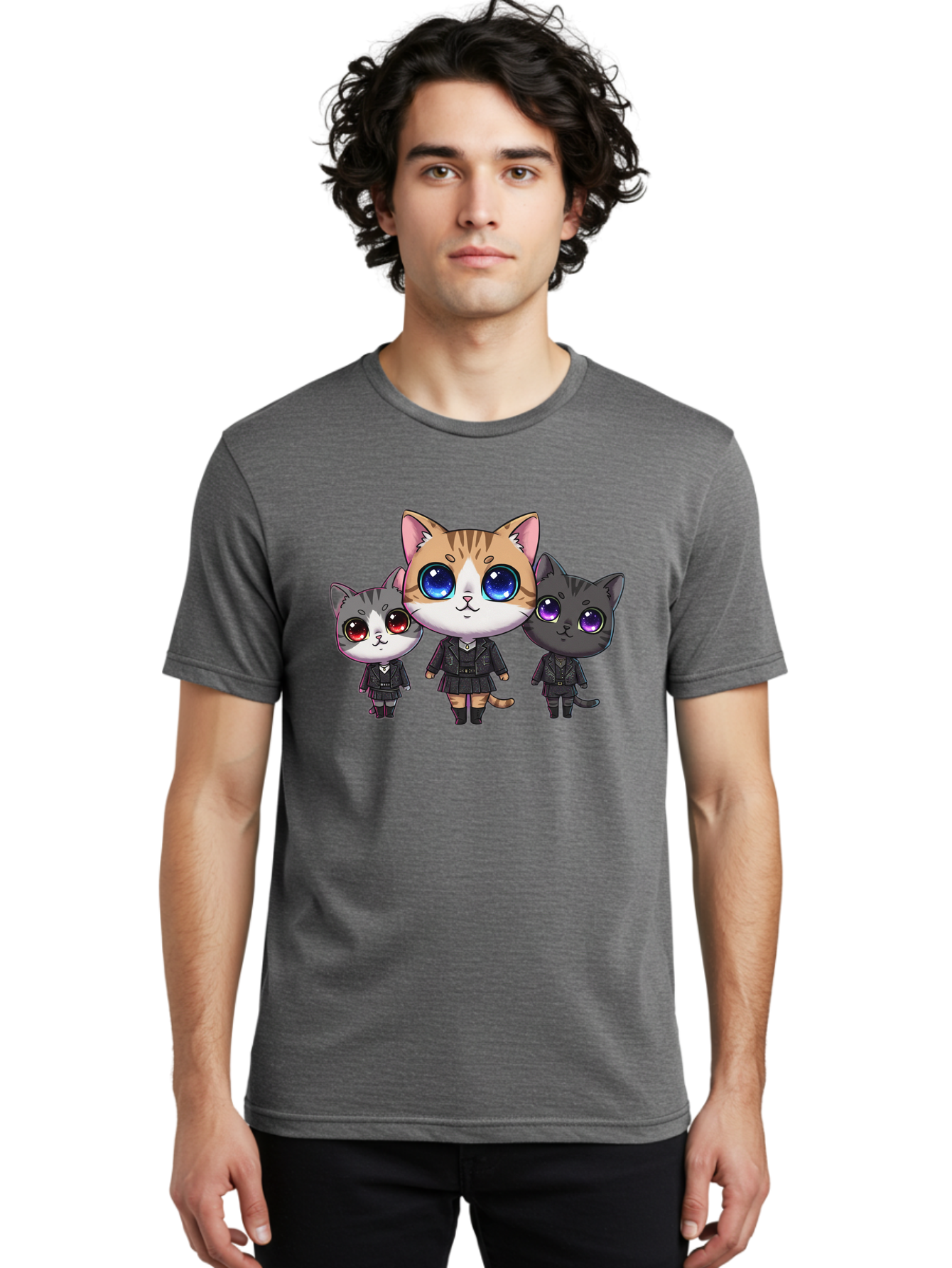 Three-Cats Men'S Graphic Tee, 100% Cotton, Comfortable Casual Summer Wear, Machine Washable, Cartoon Cats, Anime Style, Cute Cats, Kawaii Art, Cat Trio, Cartoon Characters, Stylized Cats, Large Eyes, Dressed Cats, Feline Friends, Digital Art, Bac513