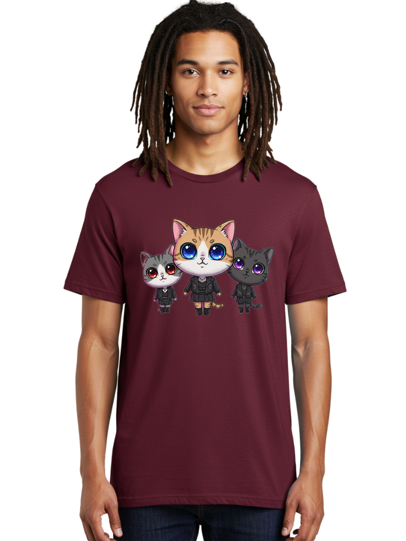 Three-Cats Men'S Graphic Tee, 100% Cotton, Comfortable Casual Summer Wear, Machine Washable, Cartoon Cats, Anime Style, Cute Cats, Kawaii Art, Cat Trio, Cartoon Characters, Stylized Cats, Large Eyes, Dressed Cats, Feline Friends, Digital Art, Bac513