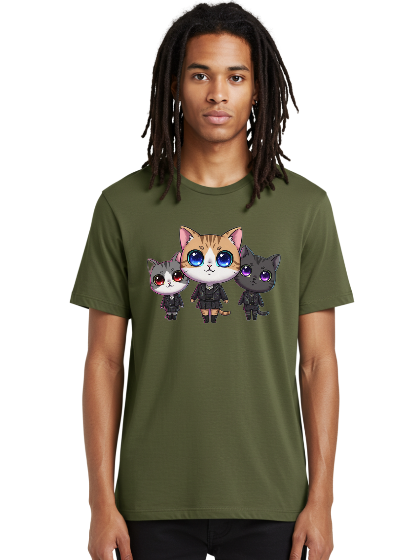Three-Cats Men'S Graphic Tee, 100% Cotton, Comfortable Casual Summer Wear, Machine Washable, Cartoon Cats, Anime Style, Cute Cats, Kawaii Art, Cat Trio, Cartoon Characters, Stylized Cats, Large Eyes, Dressed Cats, Feline Friends, Digital Art, Bac513